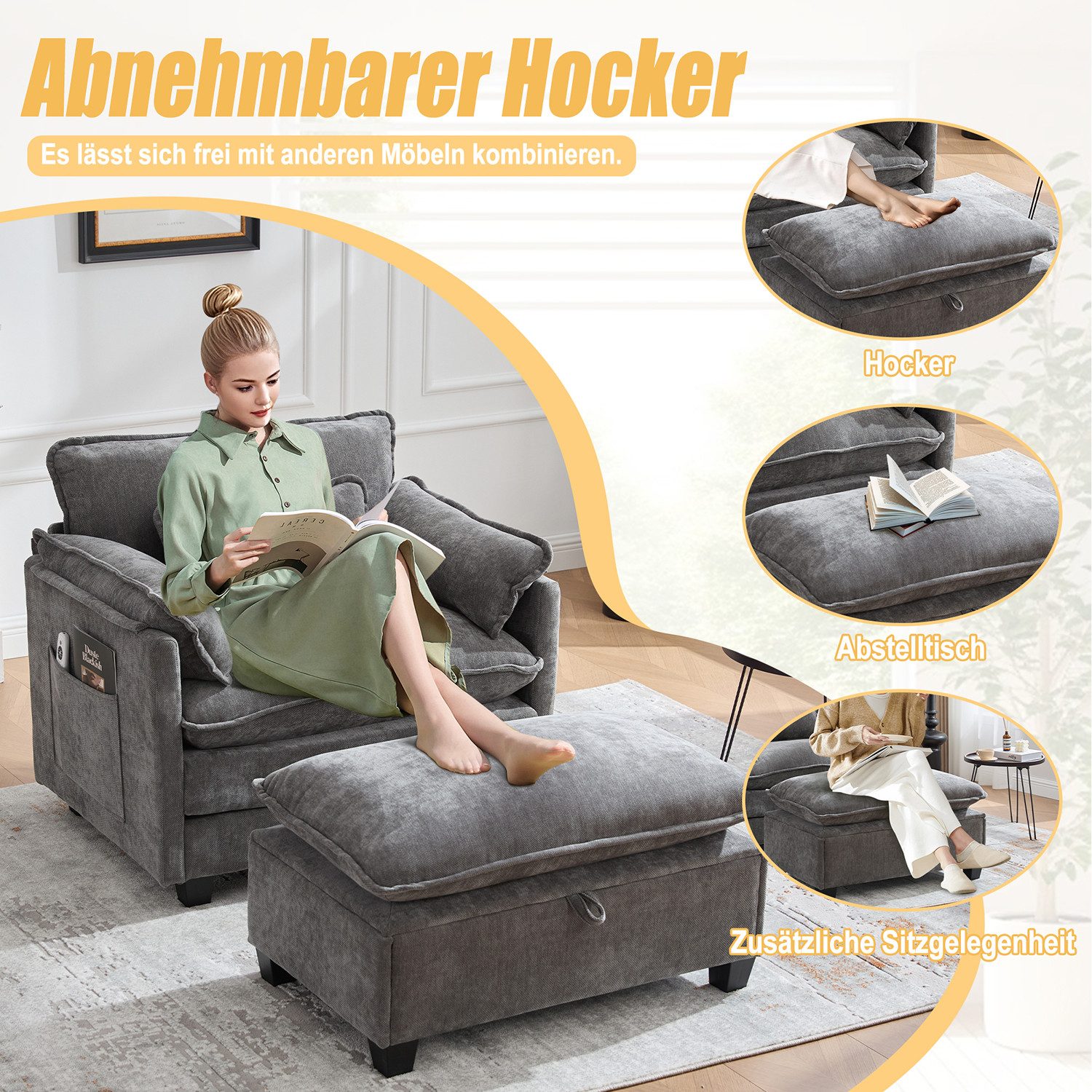 wohnTRAUM24 XXL-Sessel Moderner übergroßer Sessel mit Fußstütze und Hocker, Samt-Loungesessel, mit Seitentaschen und Kissen, bequemer Lesesessel für Wohnzimmer