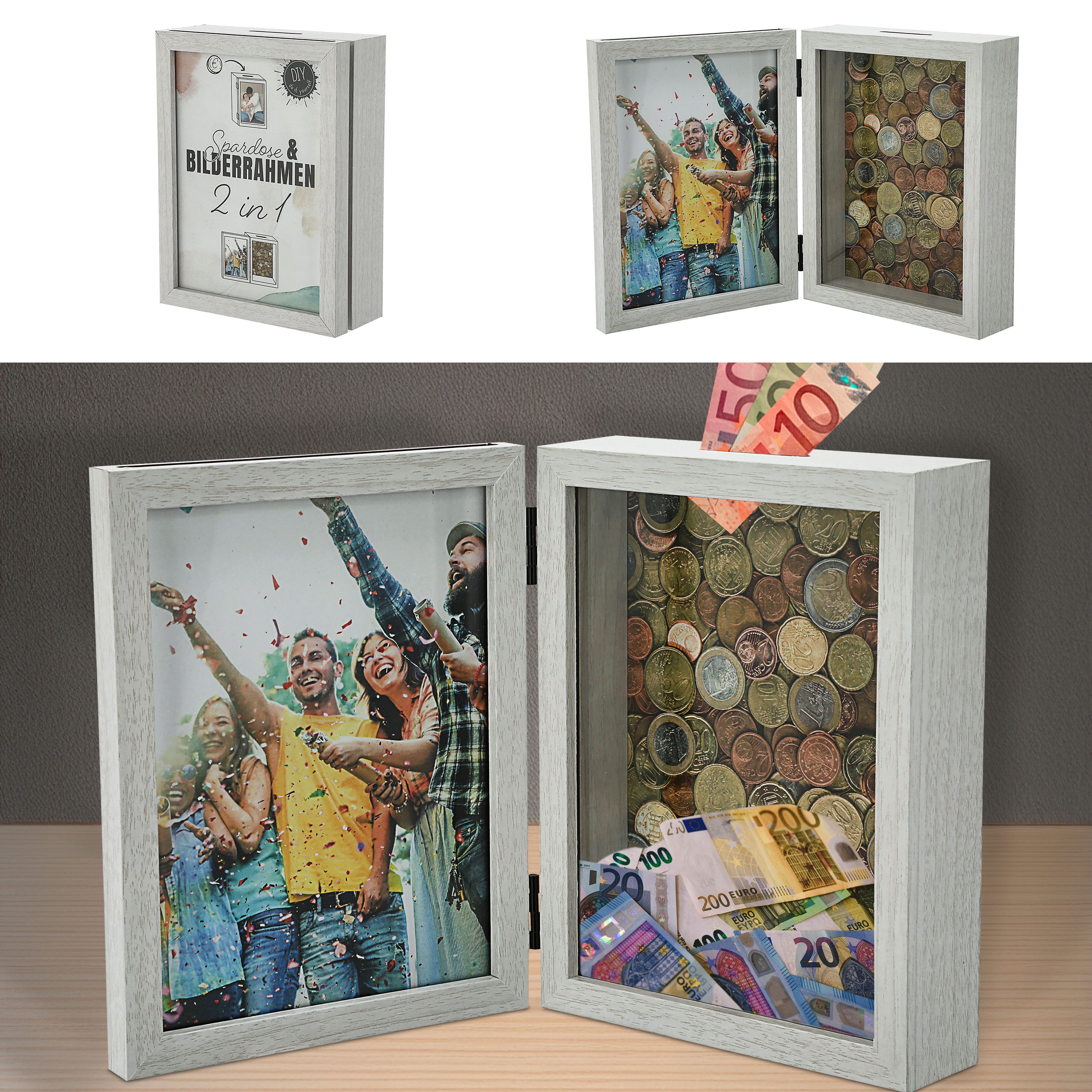 CEPEWA Spardose Spardose Bilderrahmen 2 in 1 weiß MDF 19x14,5x5,5cm klappbar Geschenk