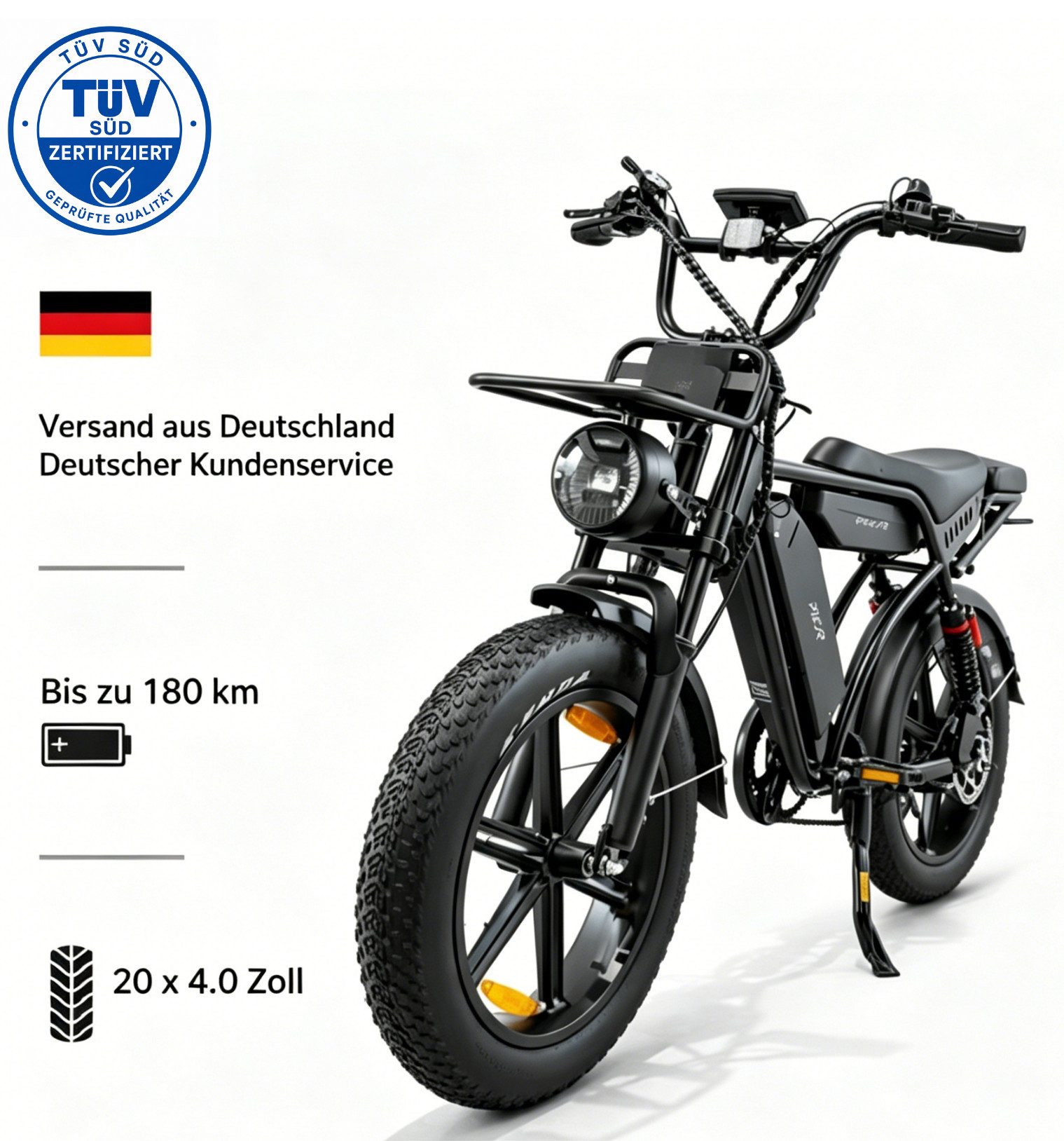 PIXAR E-Bike E-Mountainbike E-Bike 48V 17,5Ah Akku (180km), 250W Heckmotor, Shimano 7-Gang, Mittelmotor, (Packung)
