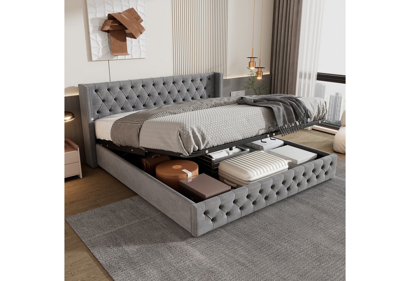 OKWISH Polsterbett Doppelbett Stauraumbett (Bettunterseite ist mit schmutzabweisenden schwarzen Vliesstoff, Grau, Bettunterseite ist mit schmutzabweisenden schwarzen Vliesstoff, Grau), 140x200cm Ohne-Matratze