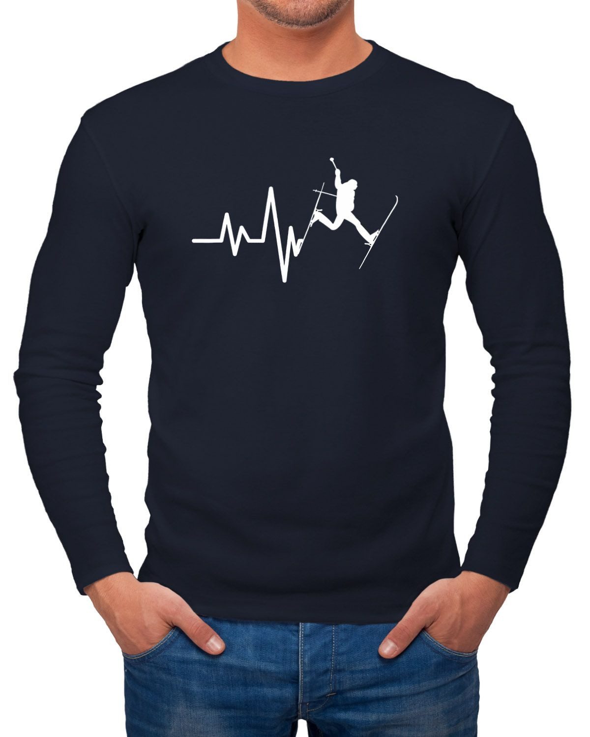 MoonWorks Longsleeve Herren Long-Sleeve Ski Herzschlag Frequenz Skifahrer Wintersportler mit Print