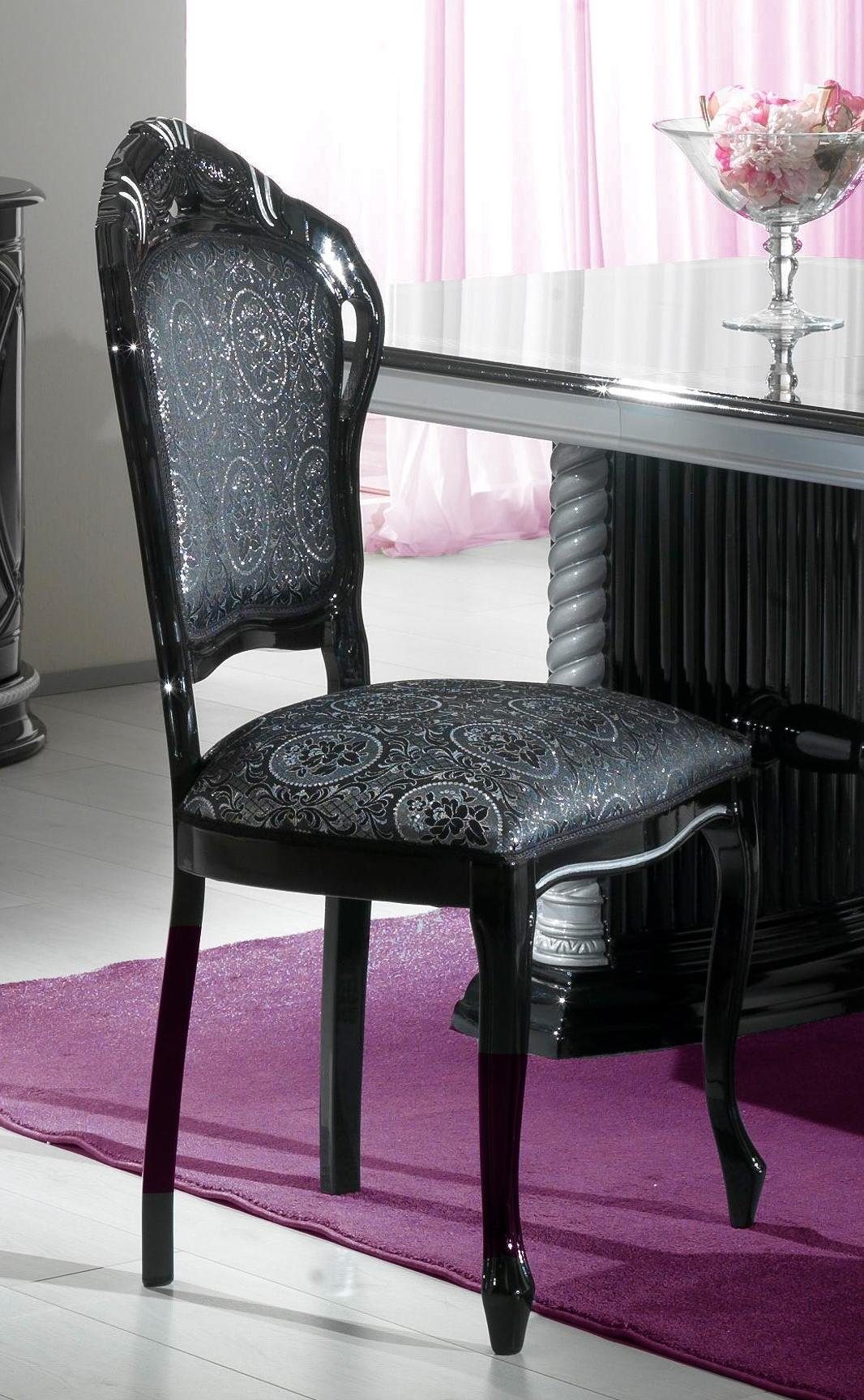 JVmoebel Stuhl, Stuhl Schwarz Holz Esszimmer Polster Design Silber Wohnzimmer Stühle Italy Made