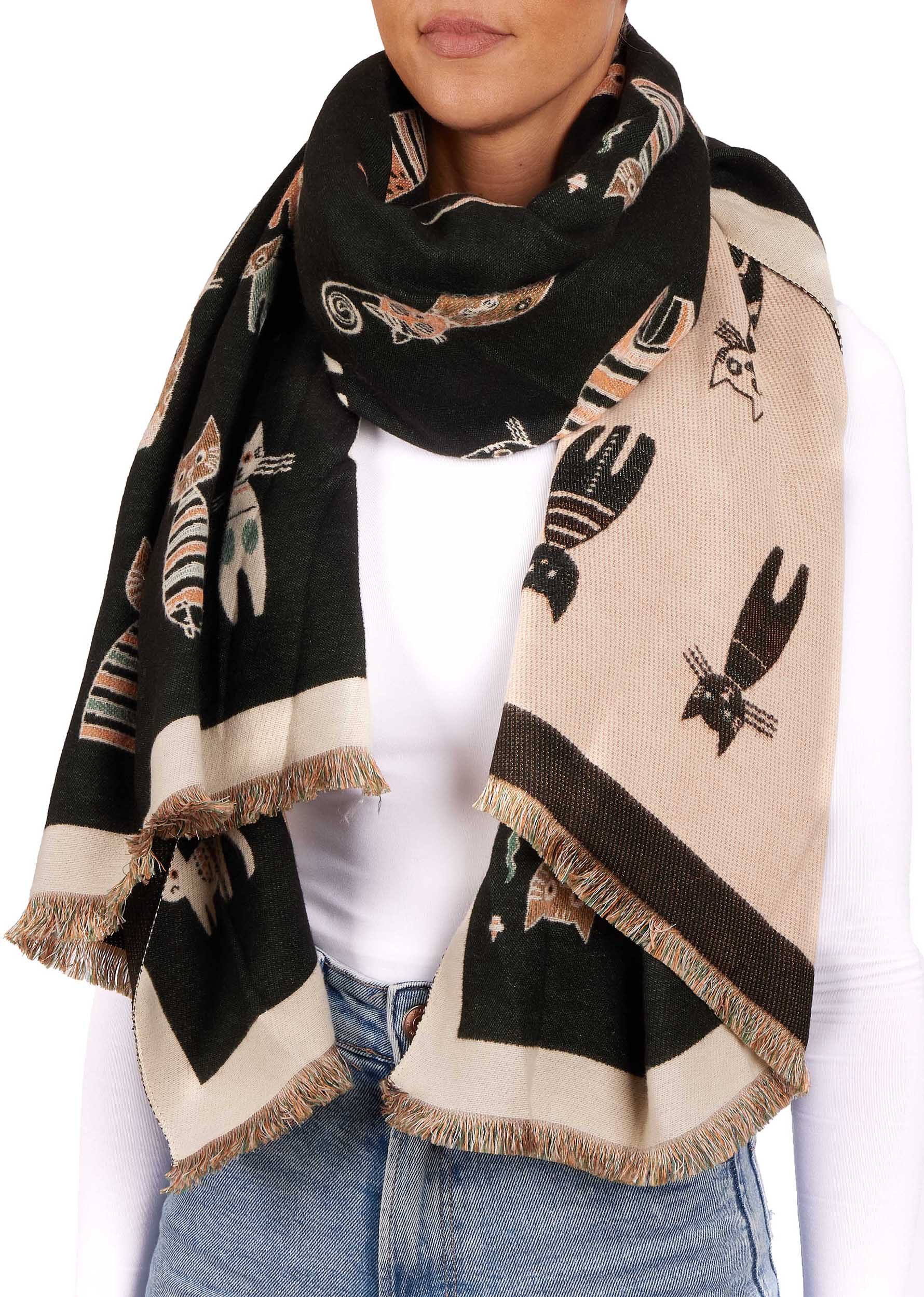 BRUBAKER Schal Cashmirillo Damen Schal mit Katzen Muster - 70 x 200 cm, (Herbstschal Winterschal, 1-St. Weiches Kaschmir-Gefühl), Warm, Kuschelig und Oversized - Damenschal für Herbst und Winter