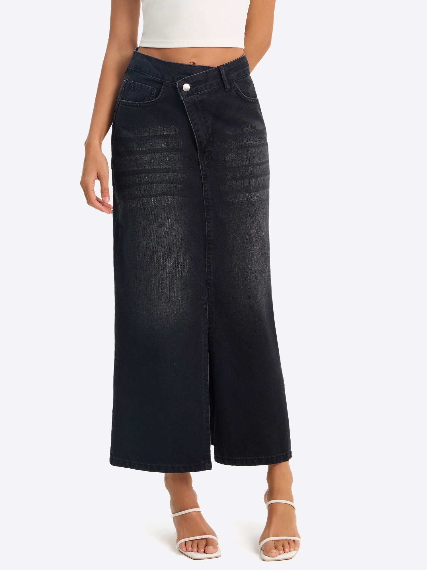 Imily Bela Jeansrock Damen Midi mit vorderem Schlitz aus Baumwolle Denim Casual (Packung, 1-tlg., 1per-Pack) mit asymmetrischem Bund in Unifarbe