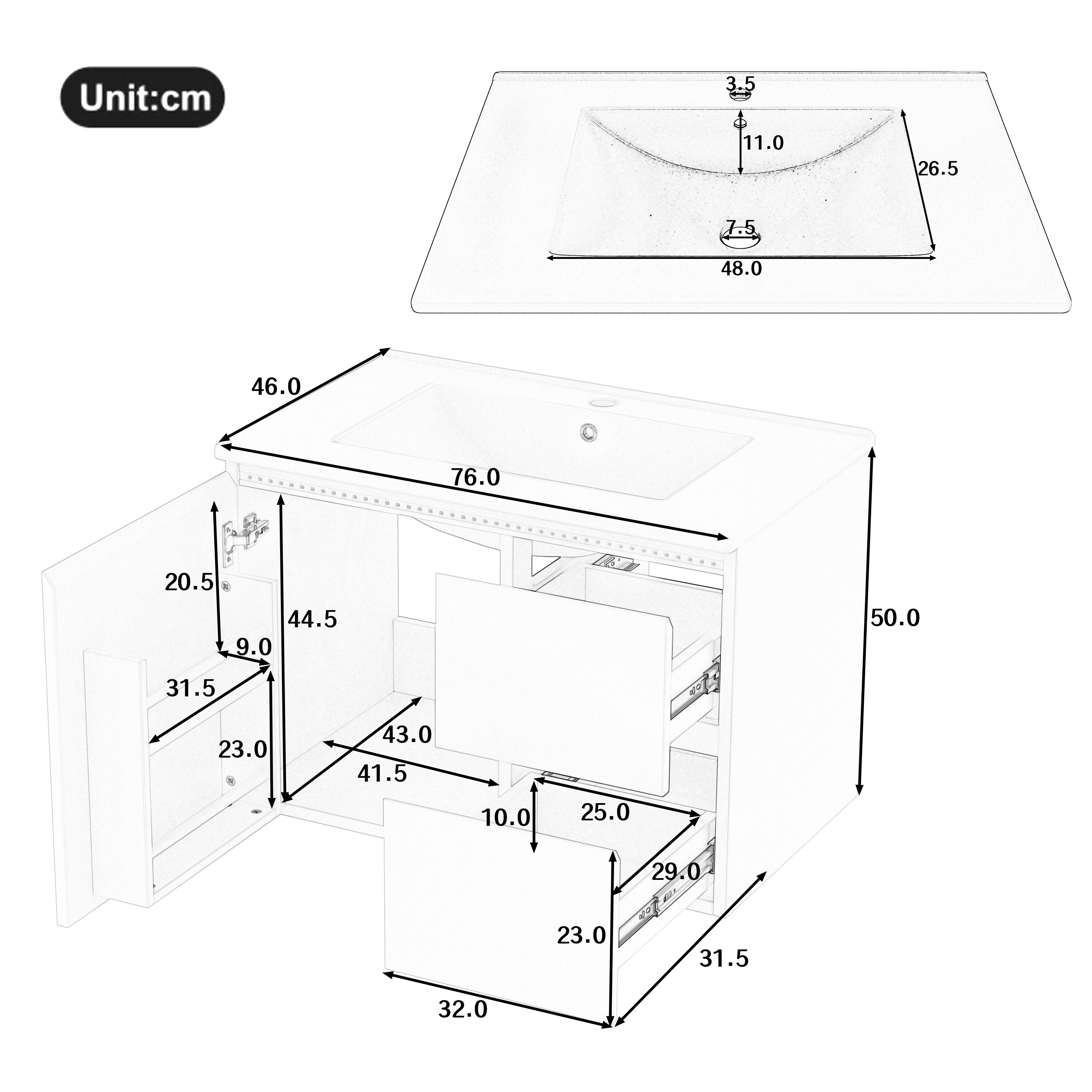 Flieks Waschtisch mit LED-Radarsensor Waschbeckenunterschrank inkl. Waschbecken (wandhängend, Badschrank mit Led-Beleuchtung Waschplatz Badzimmer, 1-St., B76/T46/H50 cm, Volllackierung), Badmöbel-Set mit Schubladen und Türablagen Badezimmerschrank Weiß