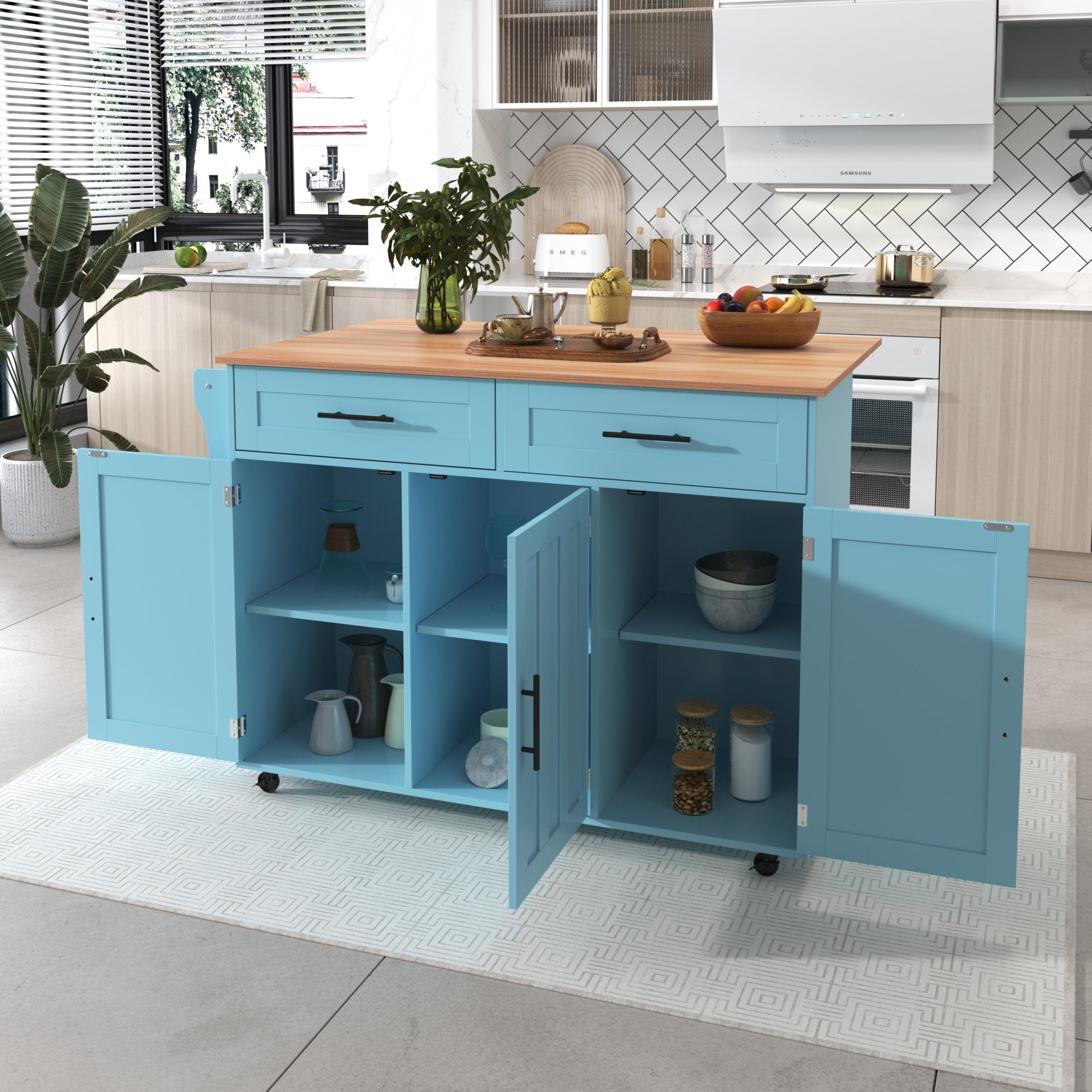 GLIESE Küchenbuffet Esstischwagen / Anrichte mit Klapptischplatte Blau