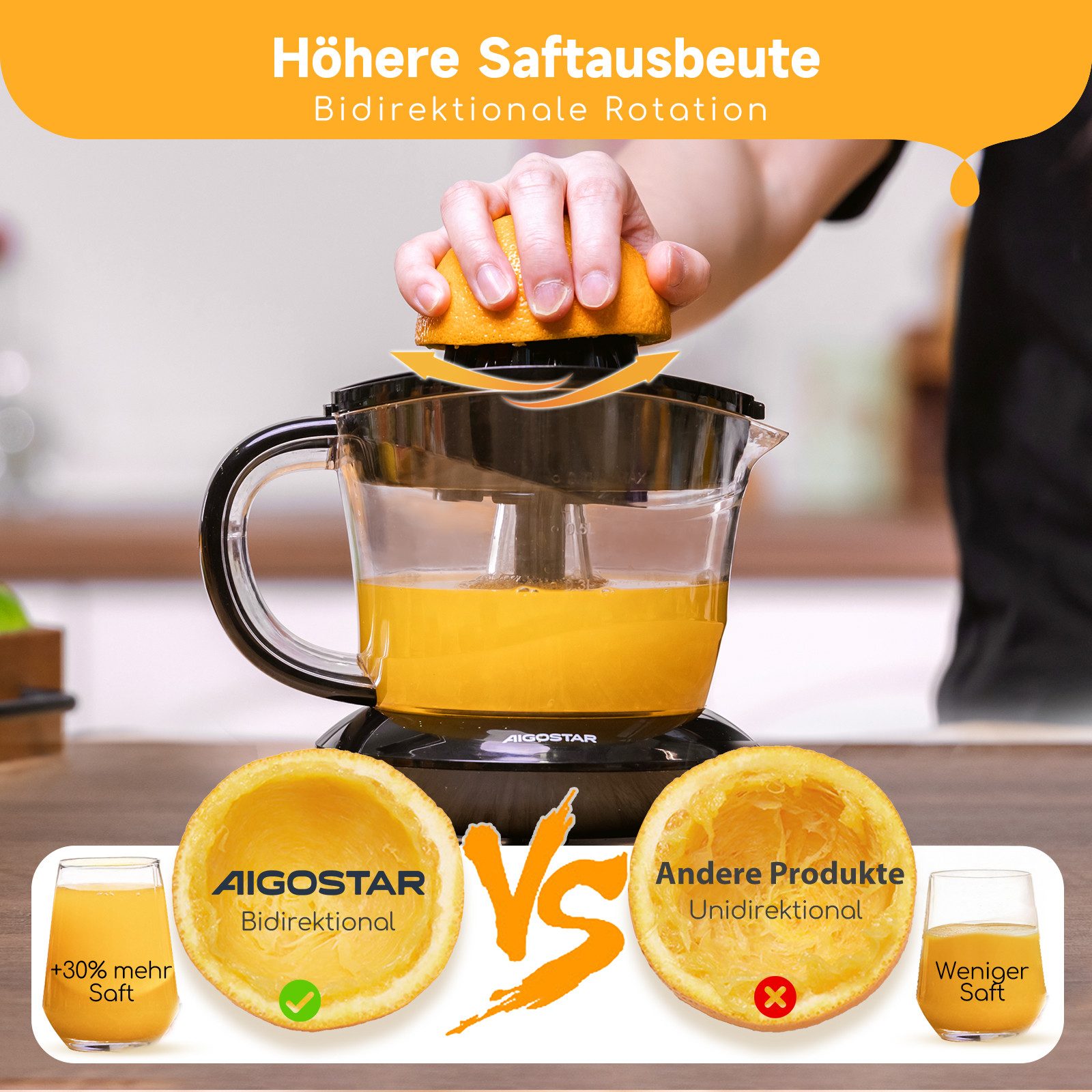 Aigostar Entsafter Saftpresse Elektrisch 2 Kegel, Orangenpresse, Zitruspresse, 40,00 W, Hohe Saftausbeute, Tropfsicherer Auslauf, 100% reiner Saft, BPA-frei – Bild 4 von 5