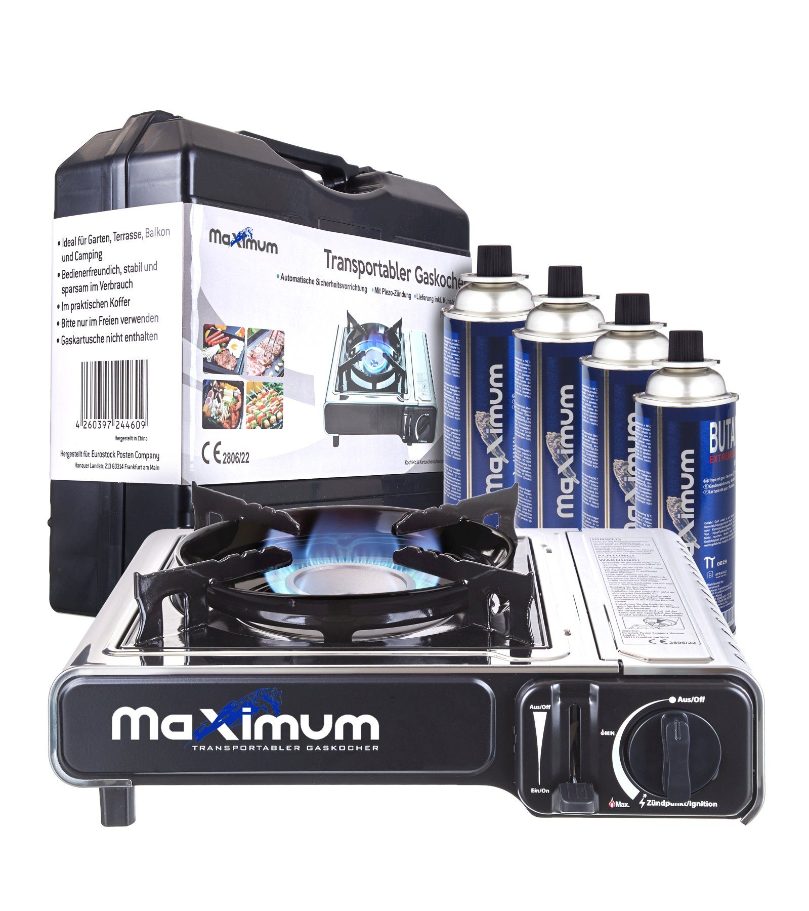 MaXimum Camping-Gasgrill Edelstahl Set - Perfektes für Outdoor-Enthusiasten & Campingliebhaber!, Kombi-Set, Edelstahl Kocher, MaXimum Gaskartuschen