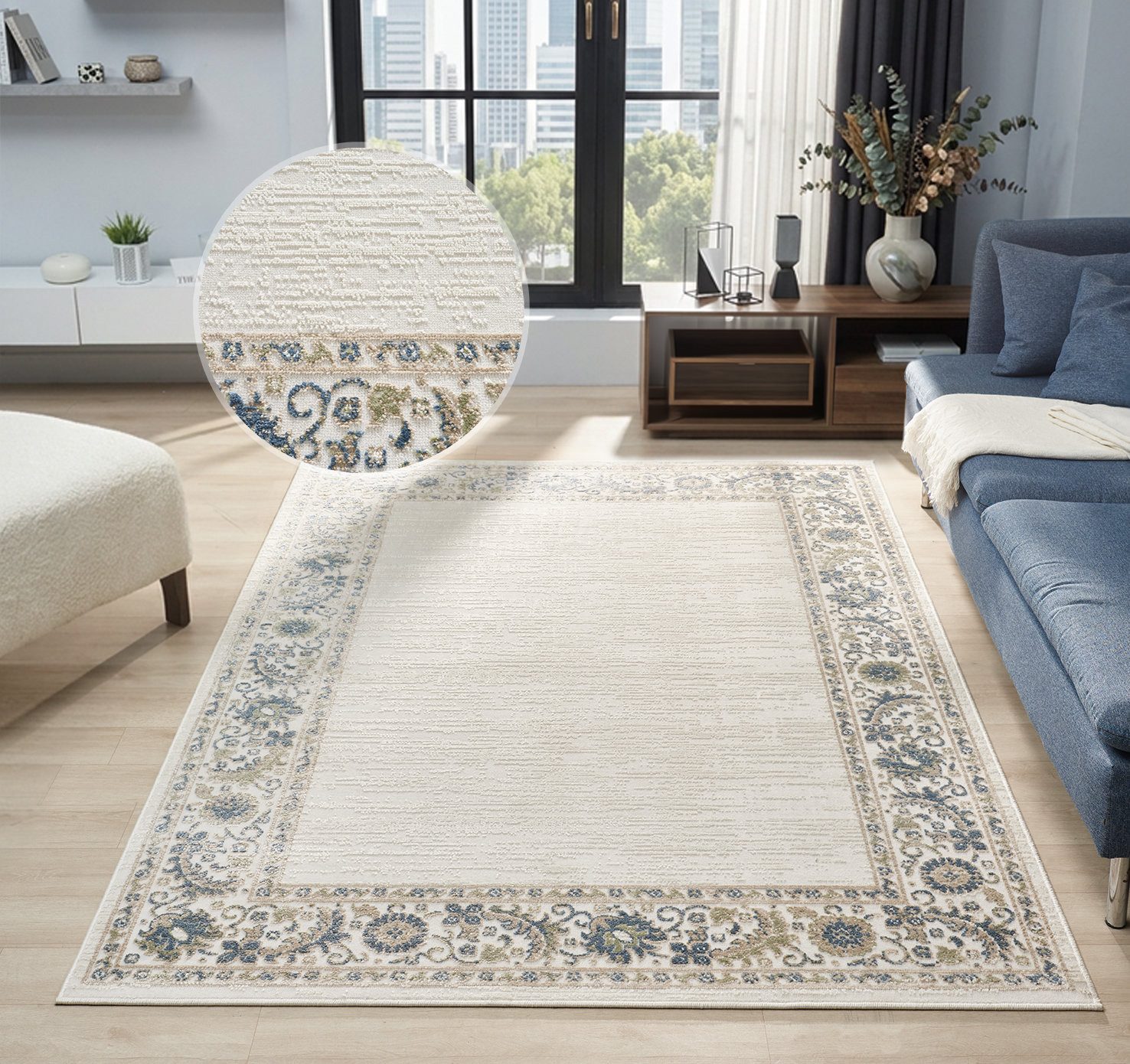 OTTO home Teppich Fennia, Blumen-Motiv, rechteckig, Höhe: 7 mm, Bordüre, Floral, meliert, Wohnzimmer, Schlafzimmer, Esszimmer