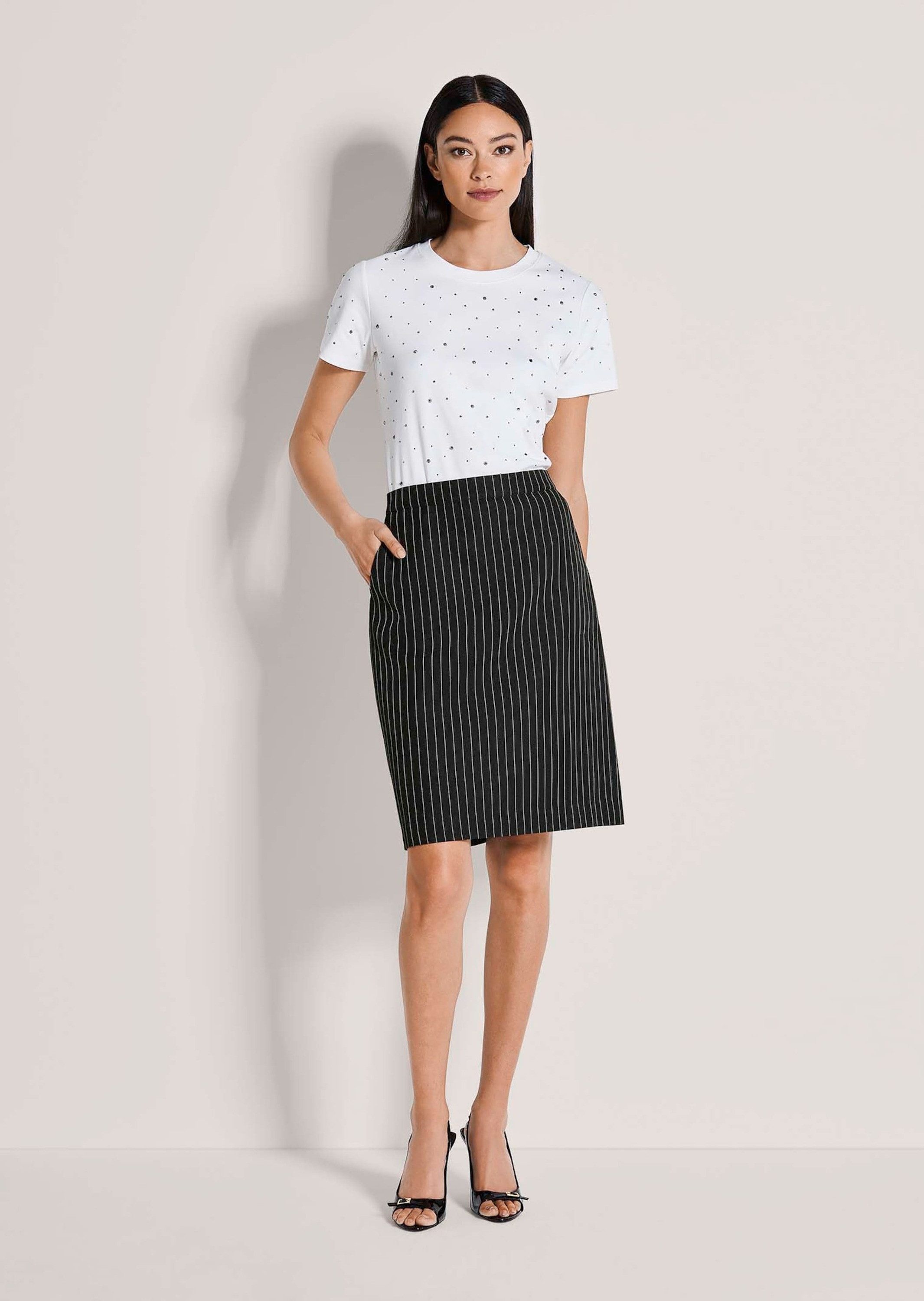 MADELEINE Bleistiftrock Bleistiftrock mit Nadelstreifen Jerseyrock mit Formbund, Taschen, Reißverschluss und Knielänge