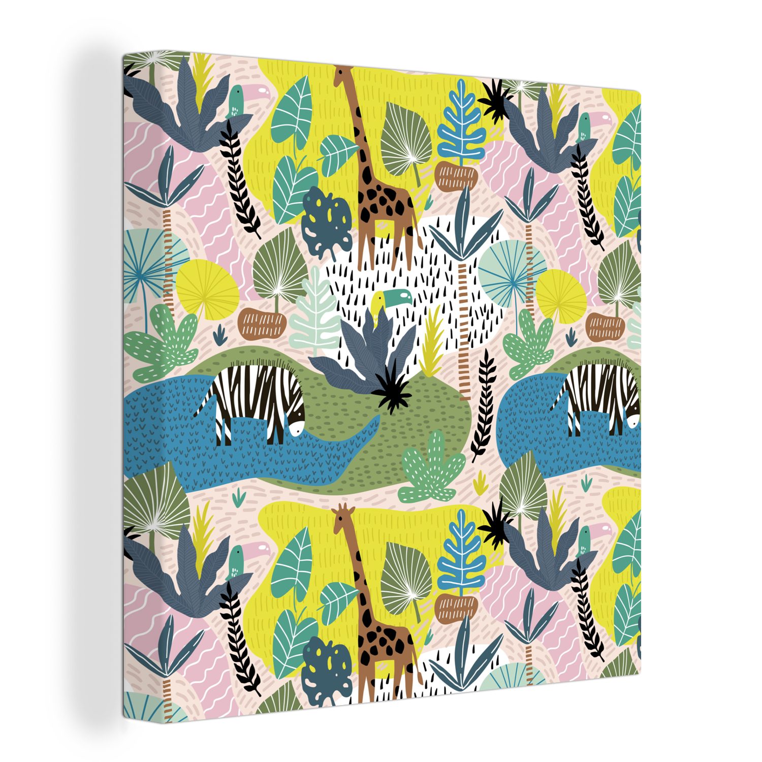 OneMillionCanvasses® Leinwandbild Dschungel - Tiere - Pflanzen - Farben, (1 St), Leinwand Bilder für Wohnzimmer Schlafzimmer
