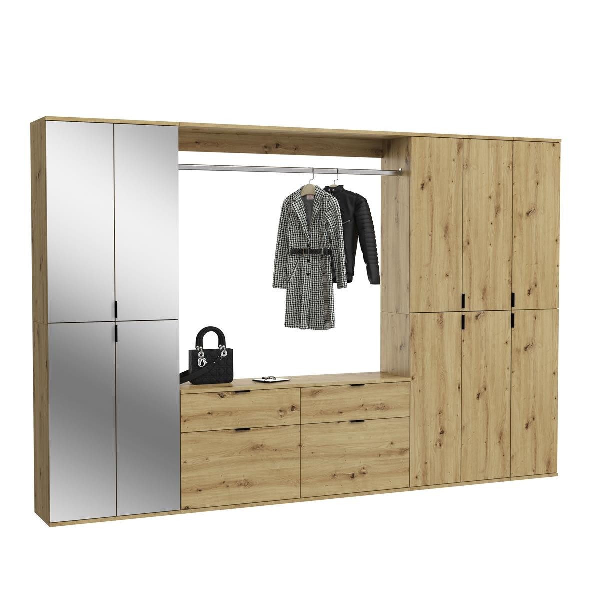 möbelvita Garderoben-Set Vision X Garderobenkombination B/H/T 273x193x34 in Artisan Eiche, (1x Spiegelschrank breit, 1x Kommode mit Wandboard, 2x Hochschrank)