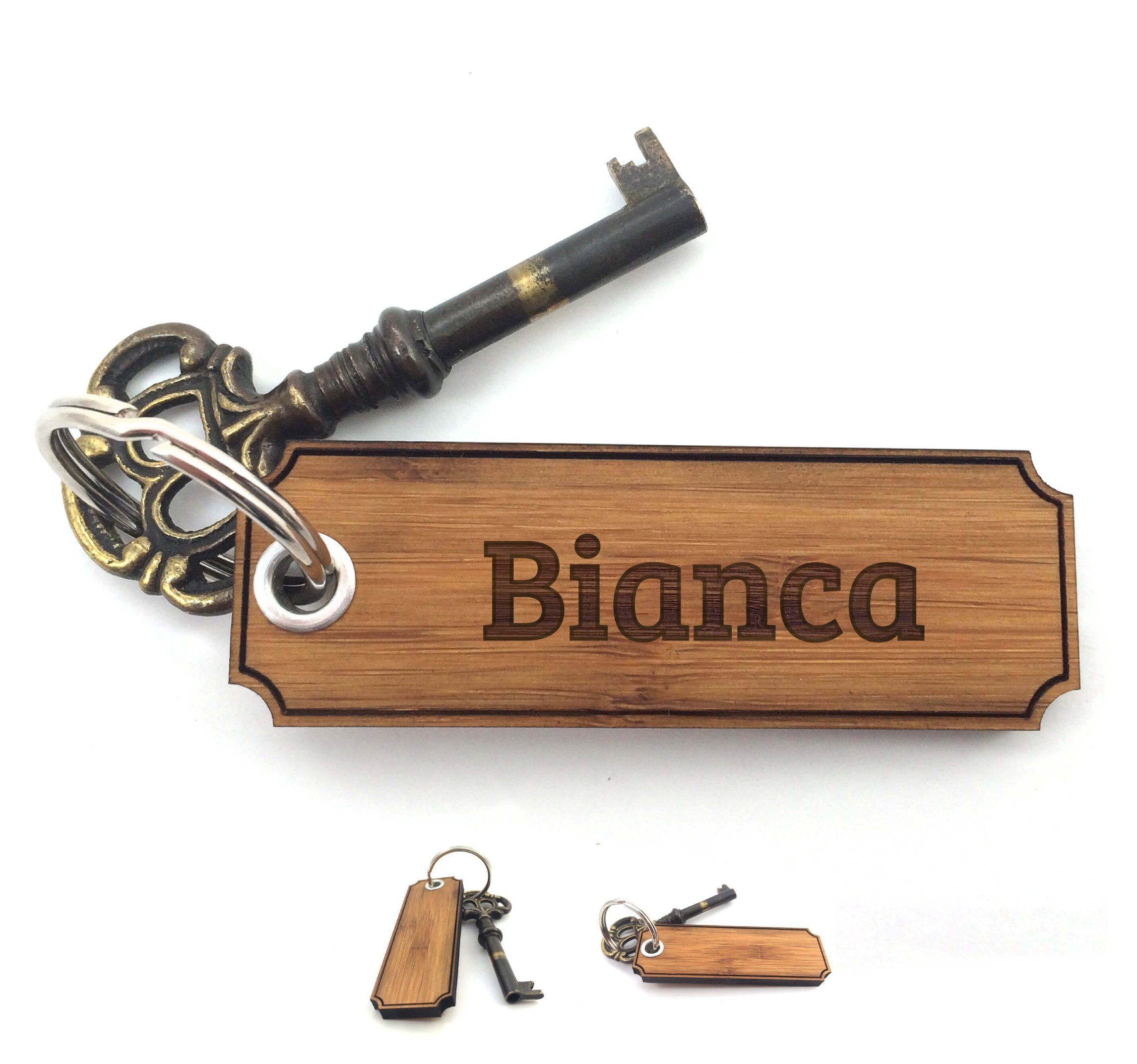 Mr. & Mrs. Panda Schlüsselanhänger Bianca - Bambus - Geschenk, Glücksbringer, Gravur, Anhänger, Schlüsselanhänger, Schenken, Geschenke, Taschenanhänger (1-tlg)