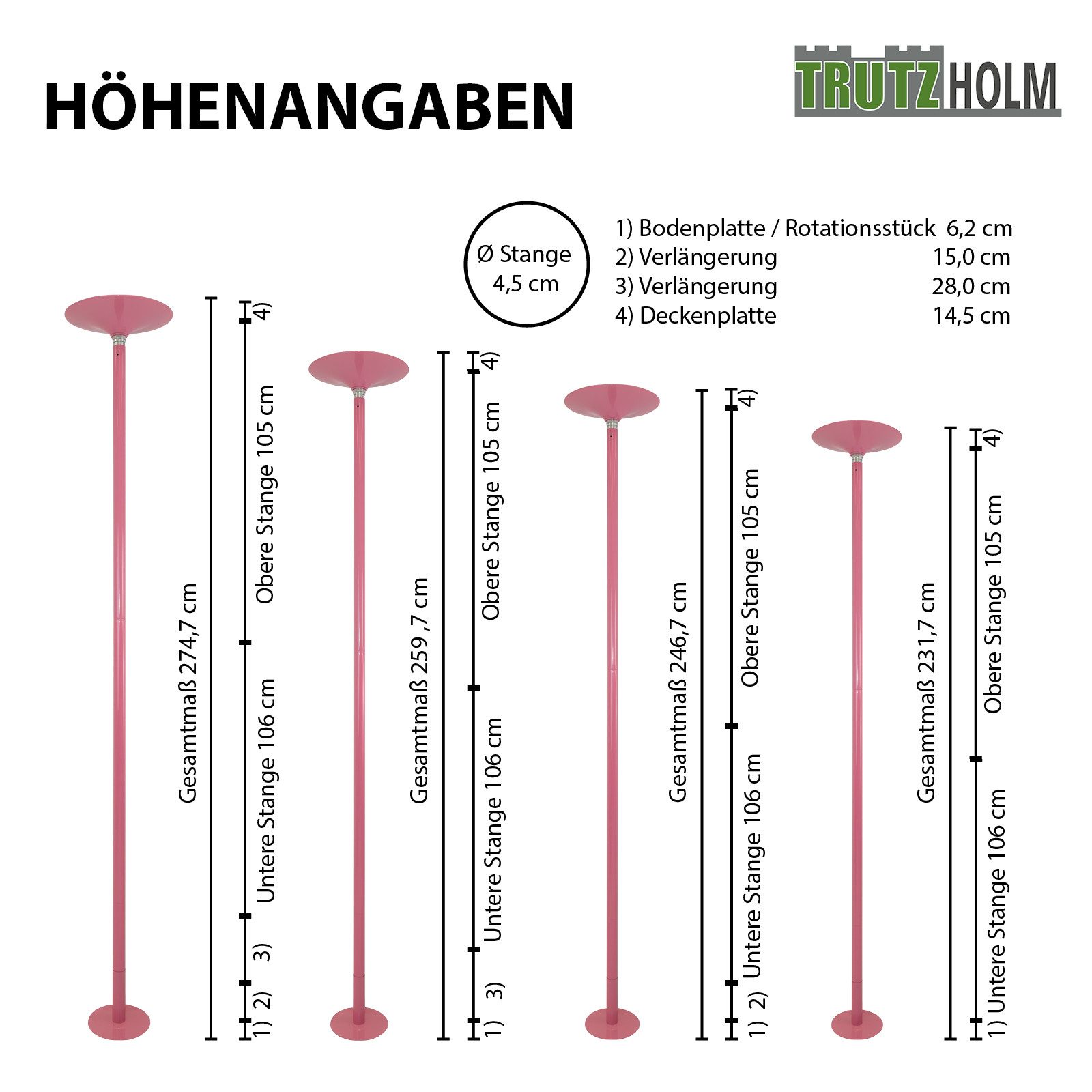 TRUTZHOLM Pole Dance Stange Pole Dance Tanzstange Ø 45 mm Tabledance Static & Spinning ohne Bohren, Höhenverstellbar, für Zuhause, Party, Club