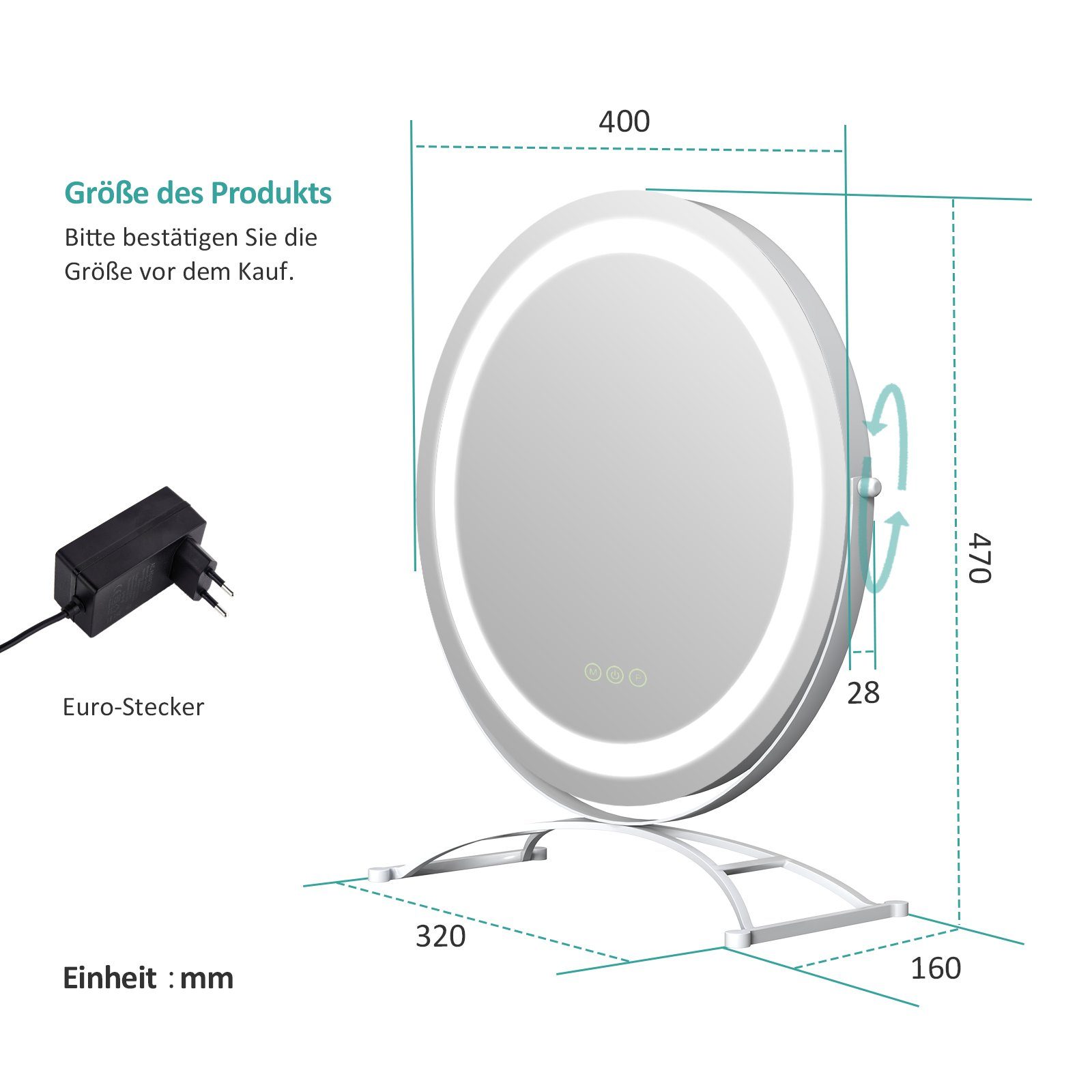 Dimmbar, Lichtfarben Schminkspiegel Beleuchtung Tischspiegel, mit LED Drehbar Kosmetikspiegel EMKE 3 mit Memory-Funktion, 360° Touch, Weiß Runder Kosmetikspiegel