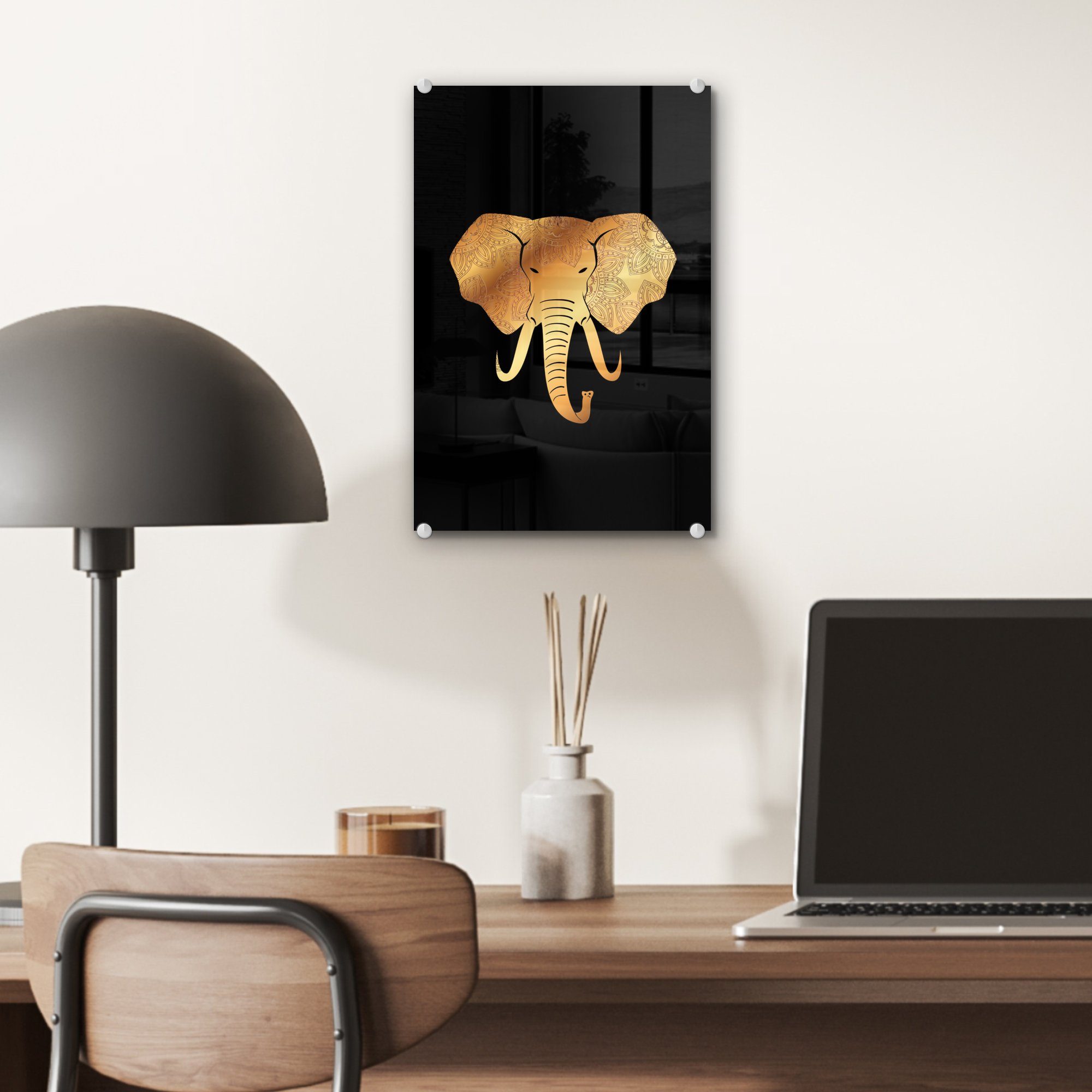 - - (1 Wandbild auf Foto - Elefant auf Bilder - Glas Acrylglasbild St), Gold Glasbilder MuchoWow Wanddekoration Muster, Glas -