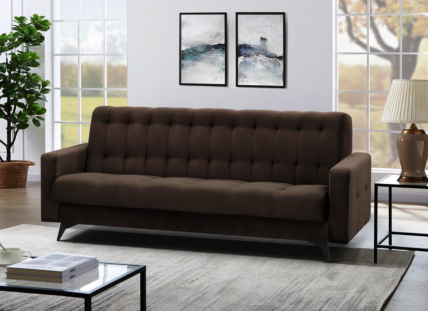 Beautysofa Schlafsofa GRETA BIS, Sofa Couch für Wohnzimmer, Schlaffunktion, Bettkasten, Velour, Polstersofa Braun