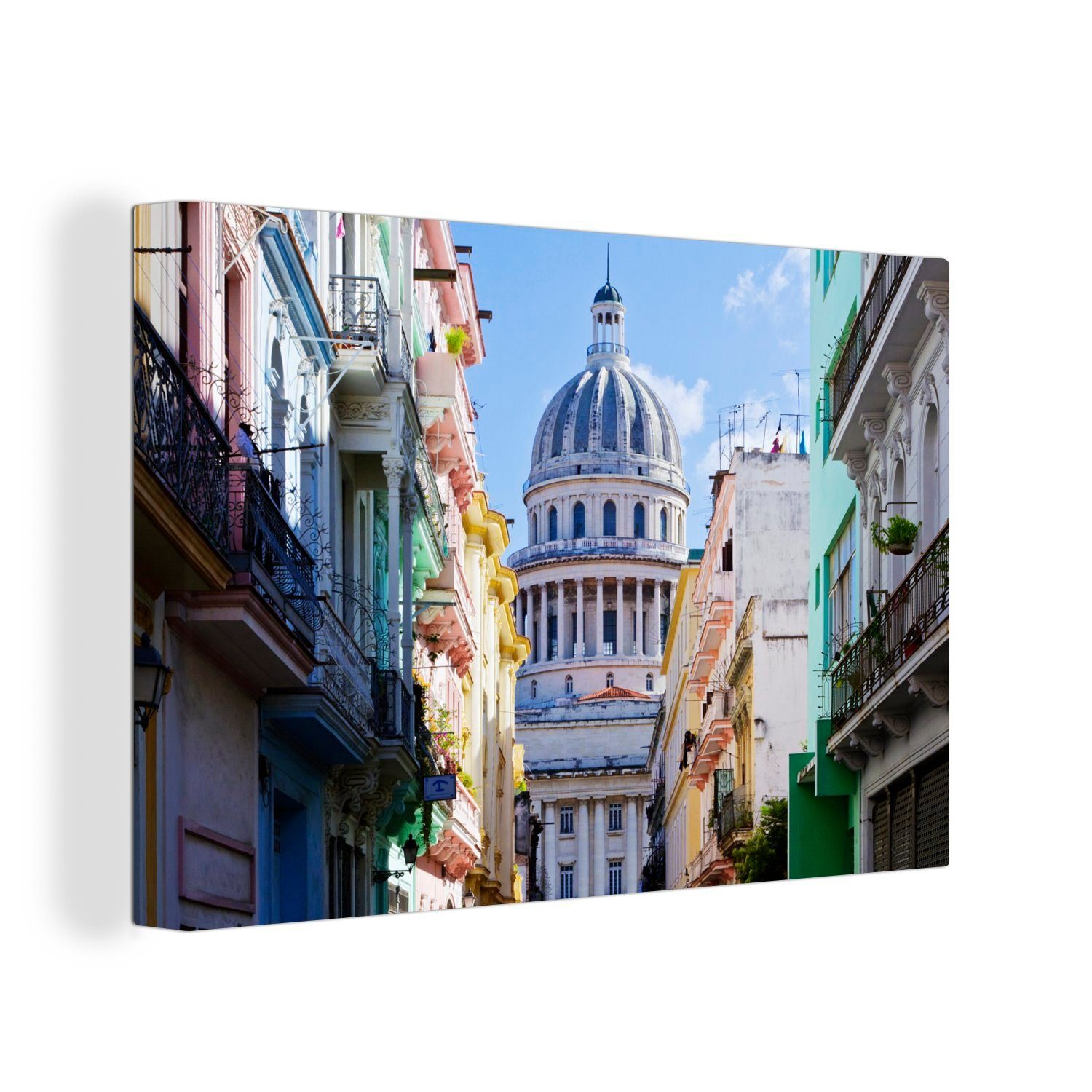 OneMillionCanvasses® Leinwandbild El Capitolo am Ende einer schönen Straße in Kuba, (1 St), Wandbild Leinwandbilder, Aufhängefertig, Wanddeko, 30x20 cm