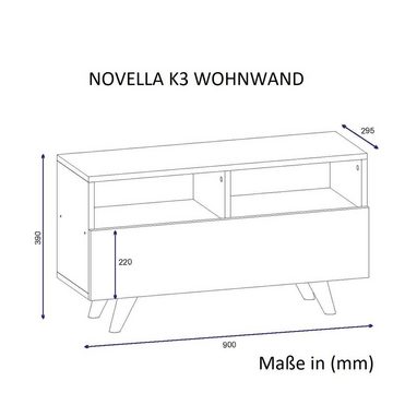 moebel17 Lowboard Wohnwand Novella K3 Weiß Walnuss, Platzsparend, mit 3 Fächern, Pflegeleichte Oberfläche