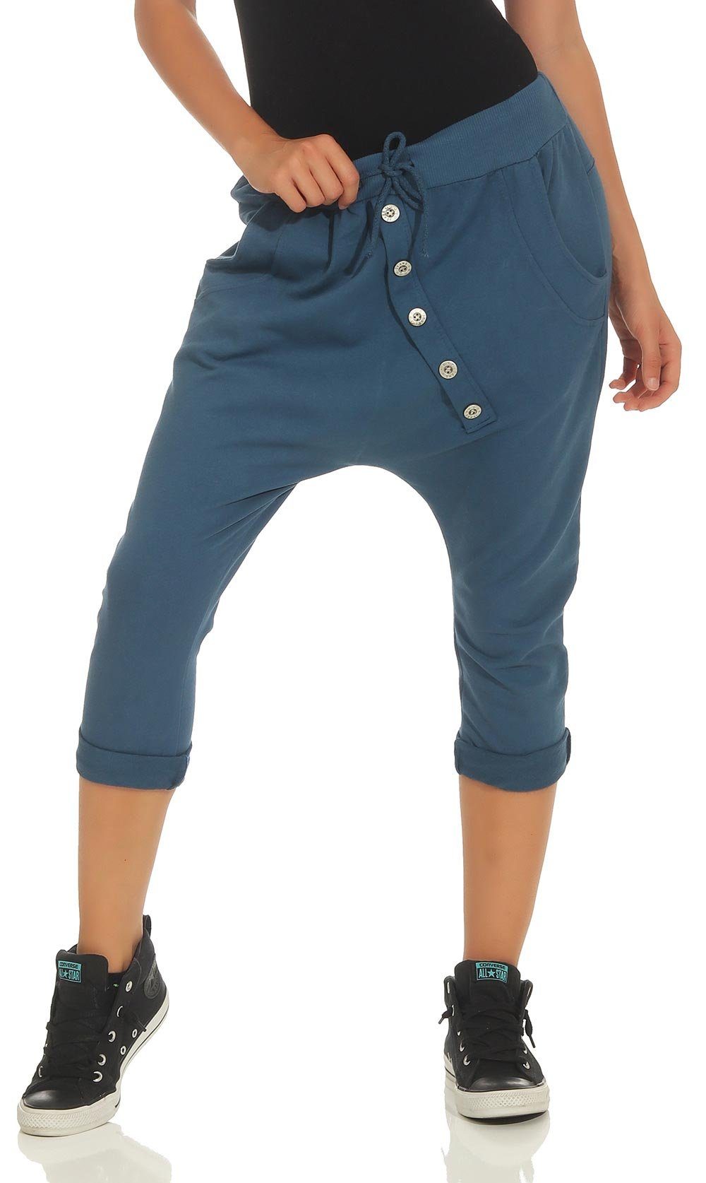 Sommer Einheitsgröße Jerseybund 8015 Sport more jeansblau mit elastischem malito Caprihose Hose fashion than