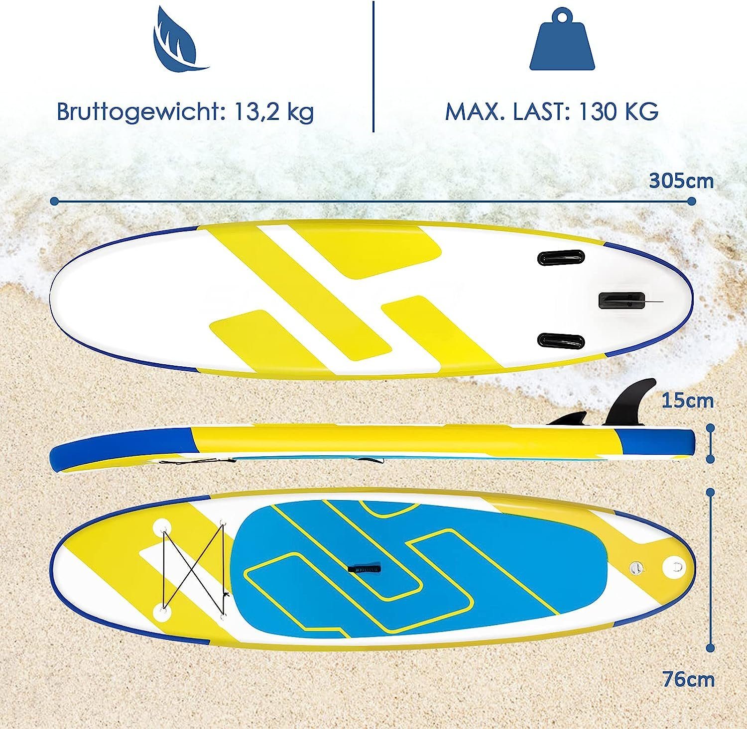Board, SUP-Board Up Stand Paddling blau+gelb KOMFOTTEU 305/335x76x15cm