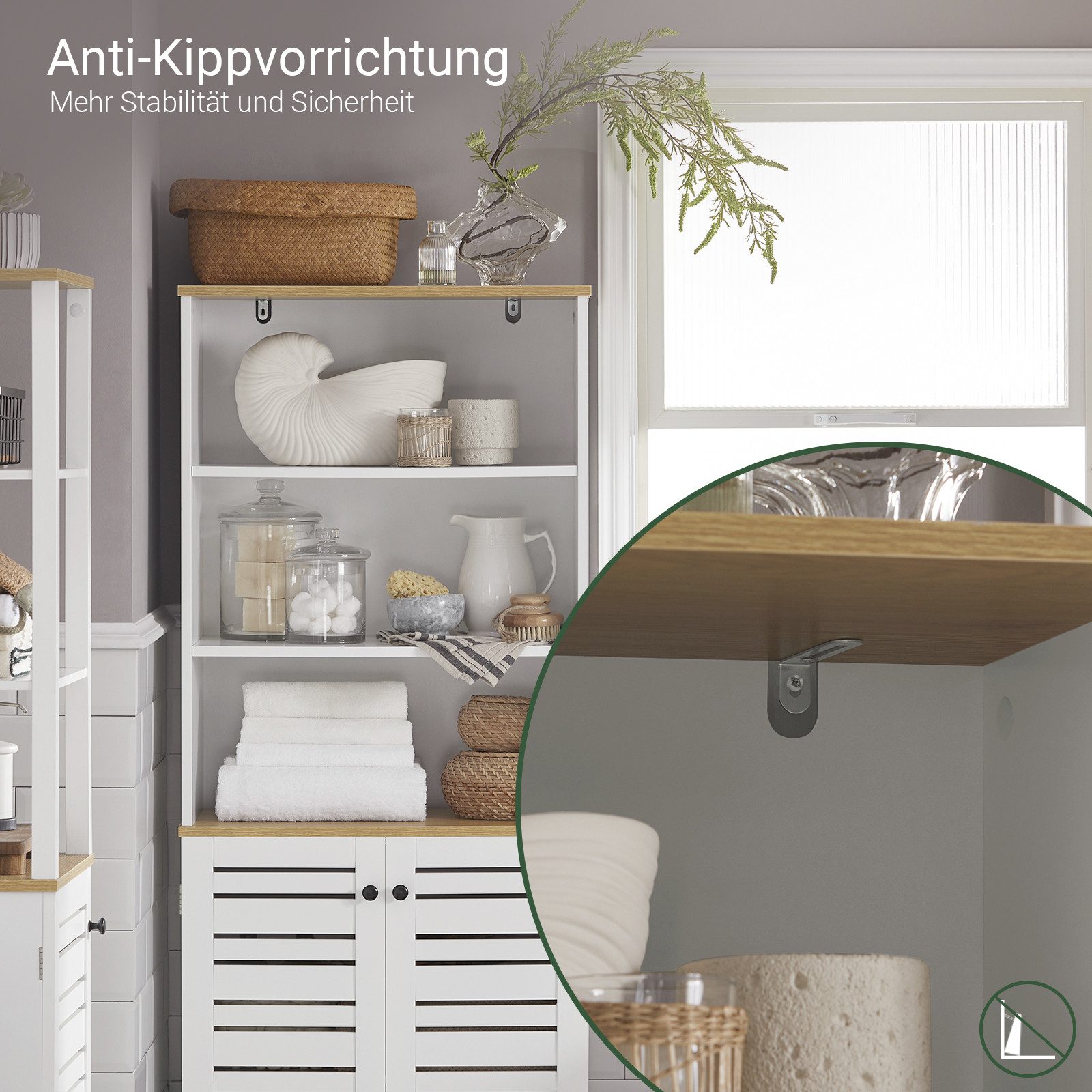 SoBuy Hochschrank BZR44, Badezimmerschrank schmal, Badkommode mit verstellbaren Ablagen Badschrank Aufbewahrungsschrank mit 3 Fächern und 2 Lamellentür – Bild 5 von 5