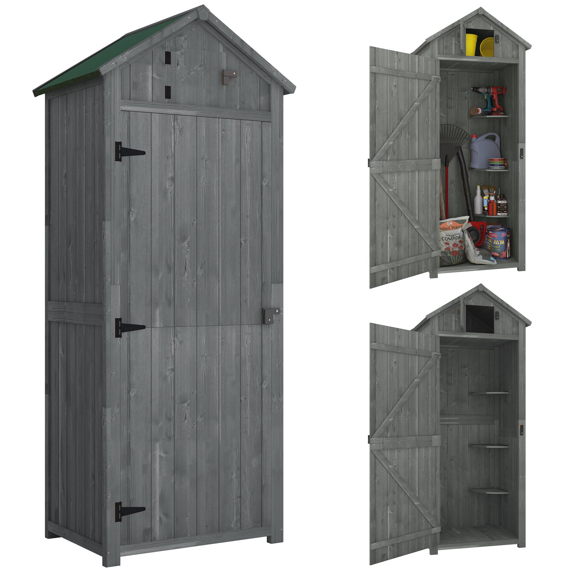 Outsunny Gerätehaus Geräteschrank, Schuppen mit Fachböden, Asphaltdach, Fenster, BxT: 77x54.2 cm, (Geräteschuppen, 1 St., Gartenschrank), für Garten, Grau+Grün