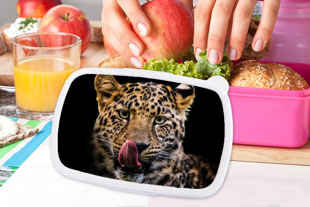 Brotbox Schwarz Erwachsene, - Snackbox, Kinder, Mädchen, Brotdose Leopard - Kunststoff, Lunchbox rosa Nahaufnahme, Kunststoff (2-tlg), für MuchoWow