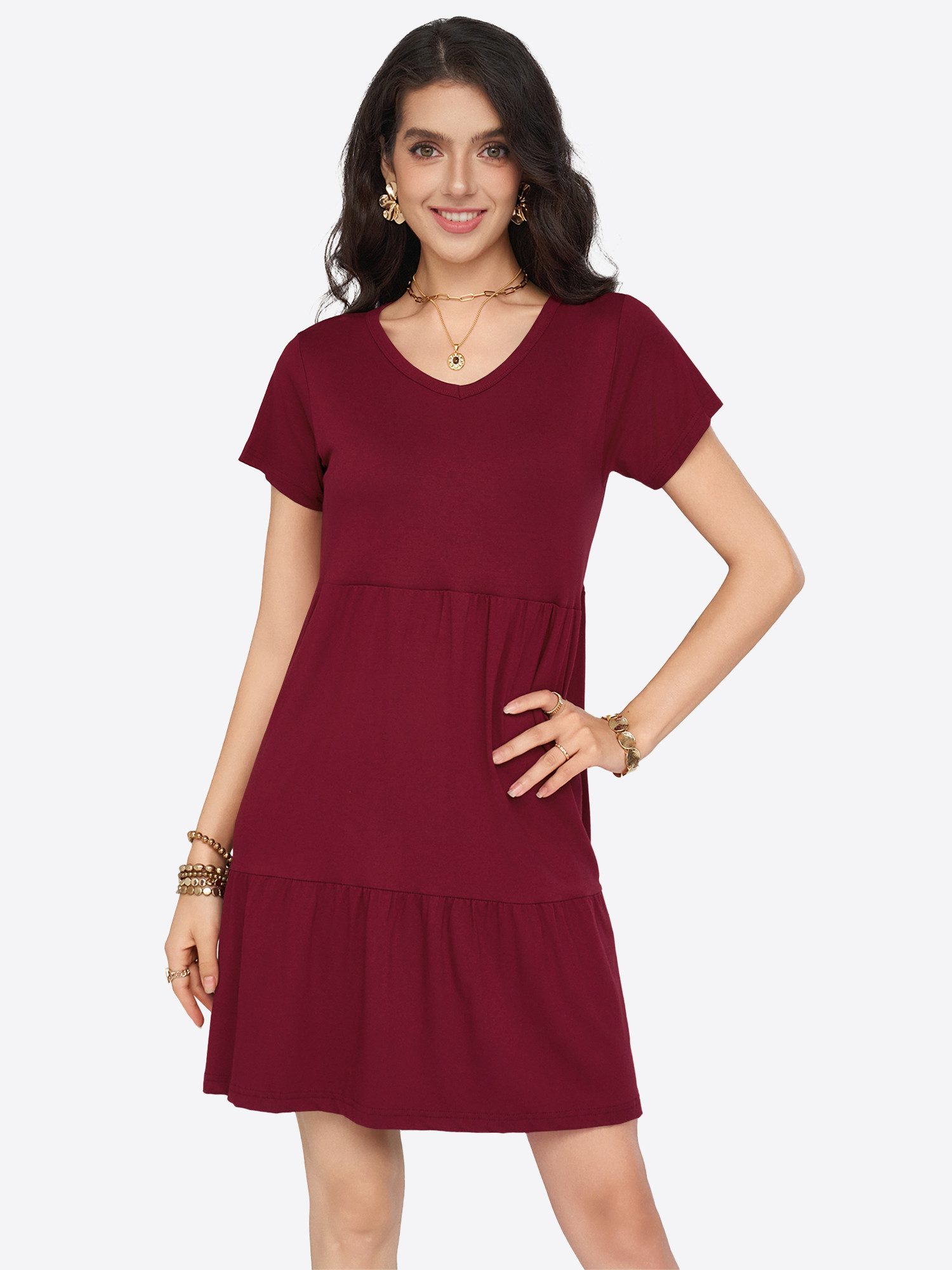 Imily Bela Babydollkleid Damen Kurzarm Minikleid mit Rüschensaum (Packung, 1-tlg., 1per-Pack) A-Linien-Schnitt