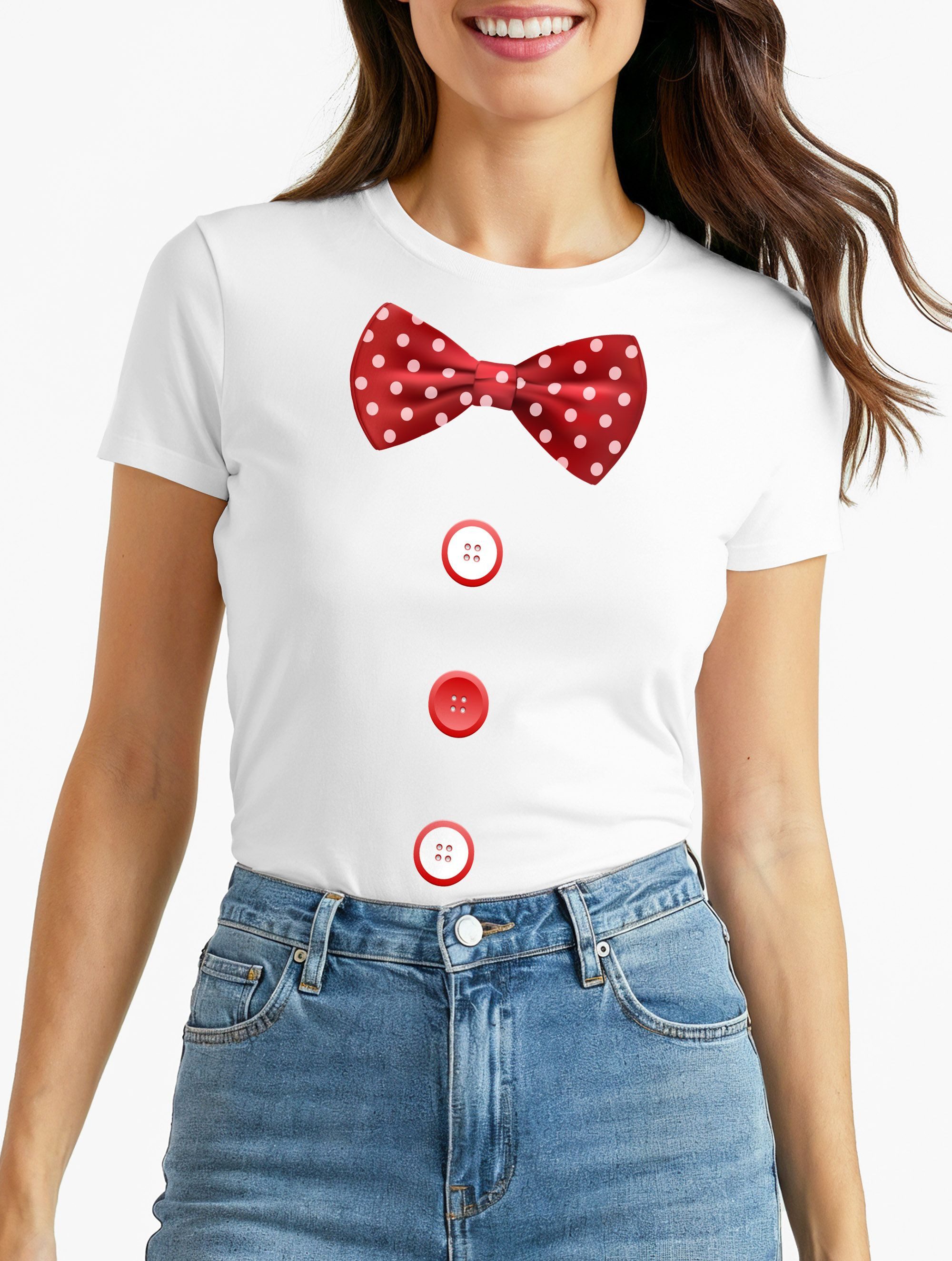 MoonWorks Print-Shirt Damen T-Shirt Fliege Knöpfe Schleife Clown Fasching F günstig online kaufen