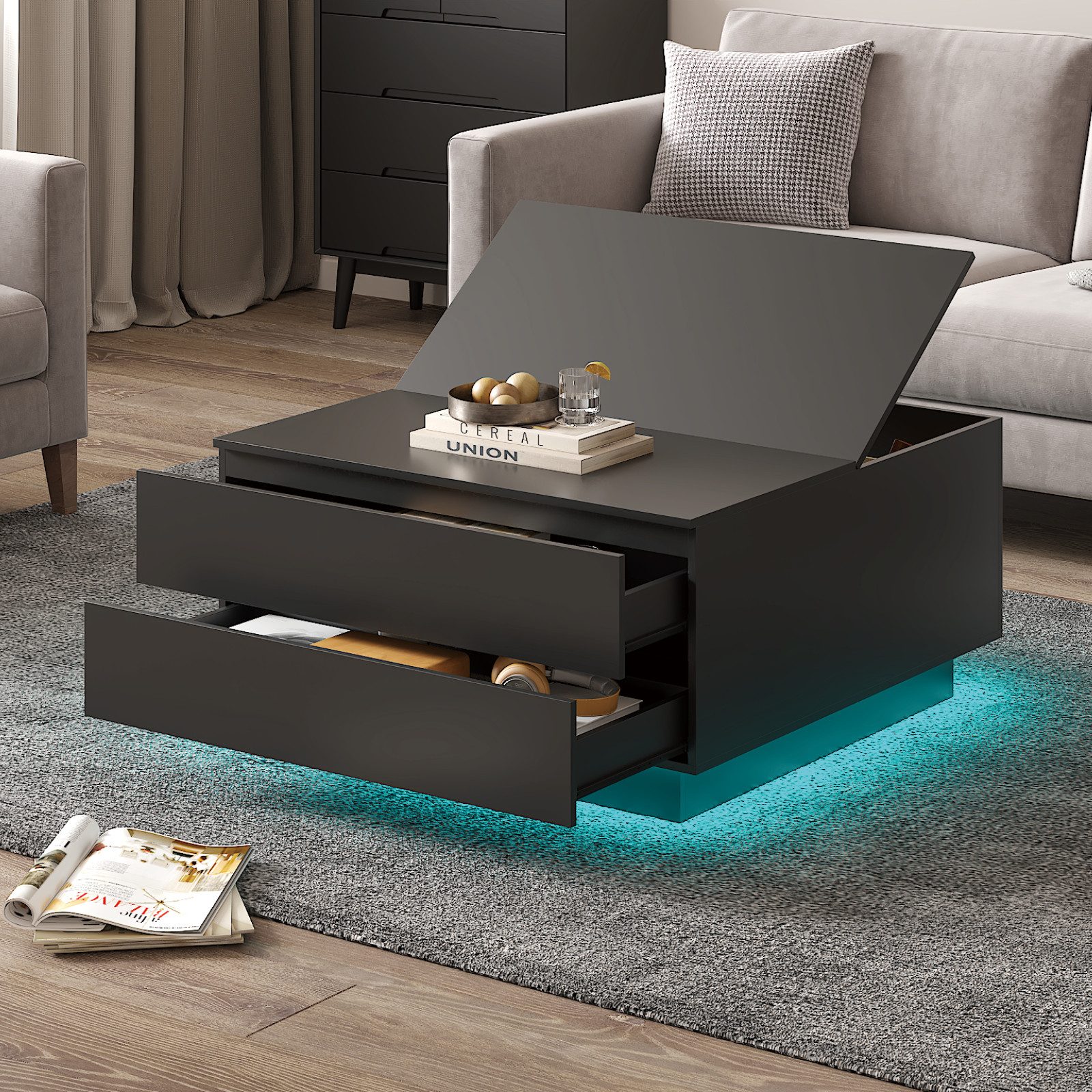 radelldar Couchtisch mit 2 Schubladen und aufklappbarer Tischplatte, 78x78x40cm (1-St), Wohnzimmertisch Beistelltisch mit LED-Beleuchtung