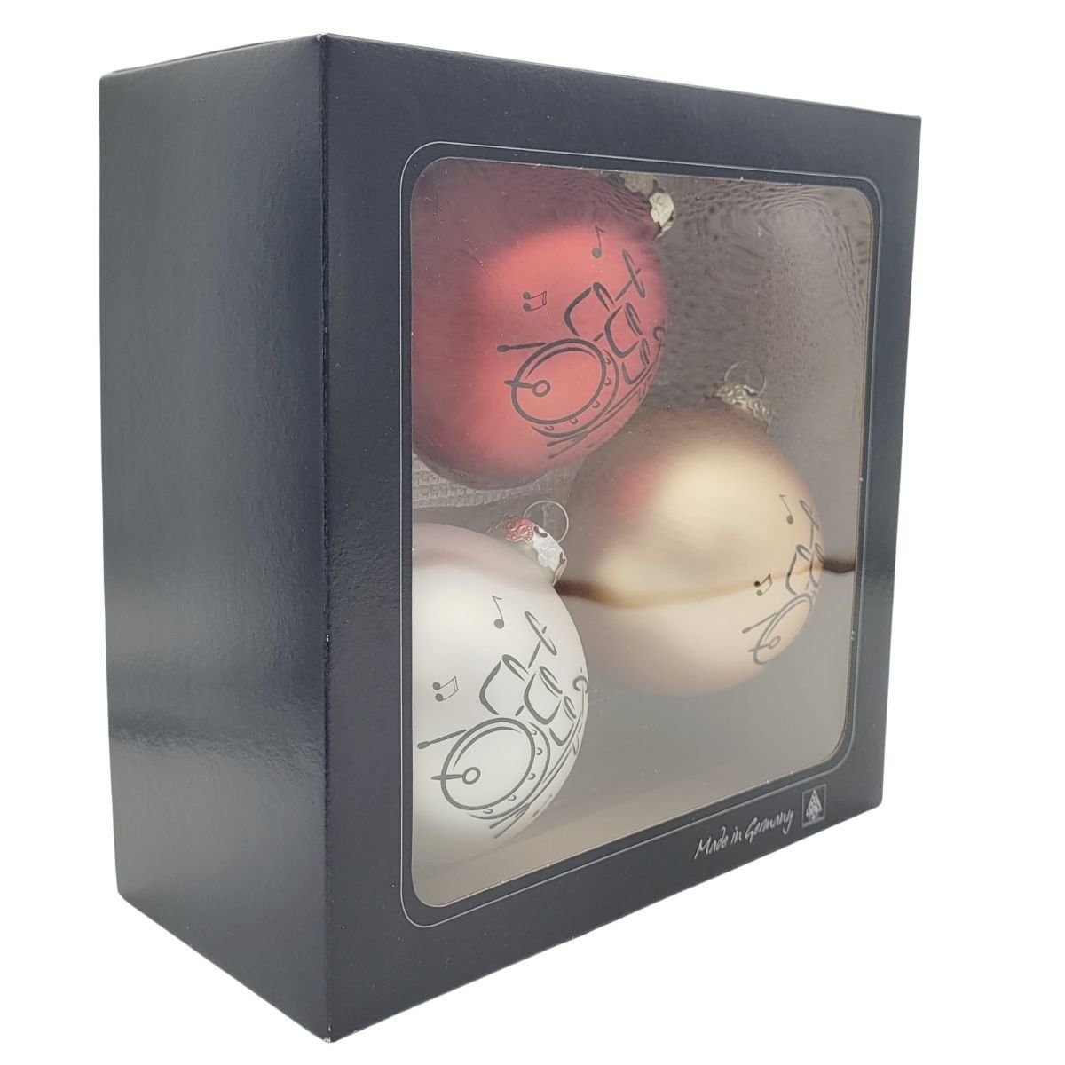 Glas mit rot/gold/silber Weihnachtsbaumkugel, Schlagzeug-Druck, Farbe 3er-Set Musikboutique schwarzem aus