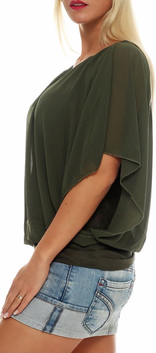 malito more than fashion Chiffonbluse malito Damen Bluse im Fledermaus Look, Tunika mit Rundhals und breite mit breitem Bund Einheitsgröße