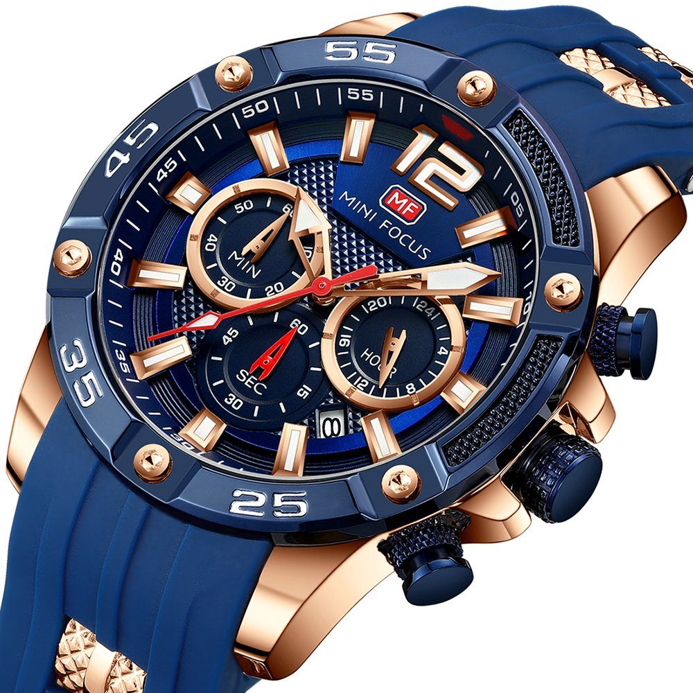Uhren GelldG Blau, Chronograph Gold Silikonarmband Armbanduhr Uhr Datum Quarzwerk, Kalender,