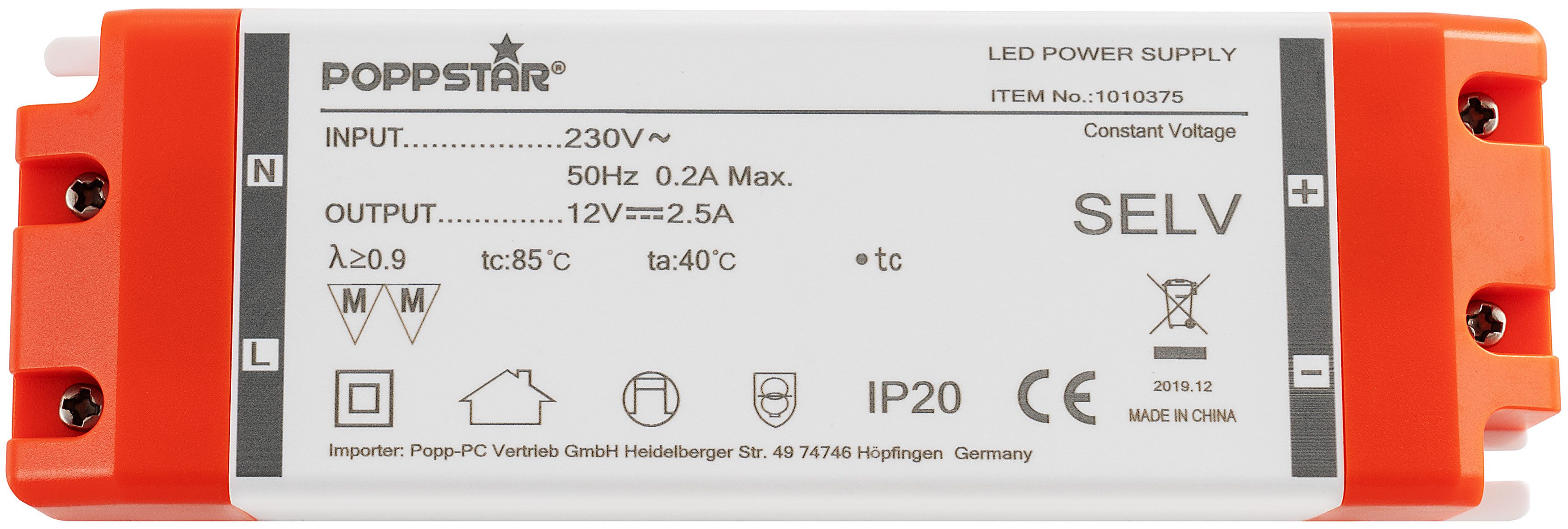 Poppstar LED Transformator 230V AC / 12V DC 2,5A LED Trafo (für 0,3 bis 30 Watt LEDs)