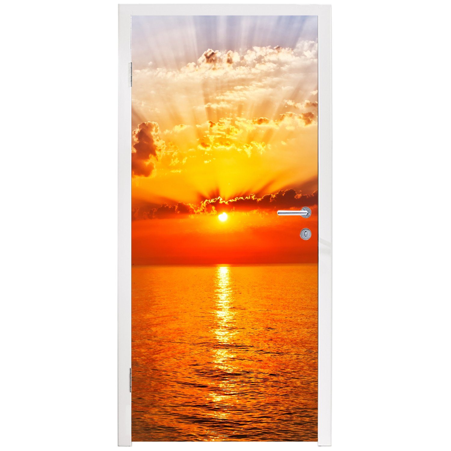 MuchoWow Türtapete Sonnenuntergang Wasser, - Fototapete Meer - bedruckt, Matt, Tür, - - St), Himmel Türaufkleber, - für cm Orange 75x205 (1 Horizont