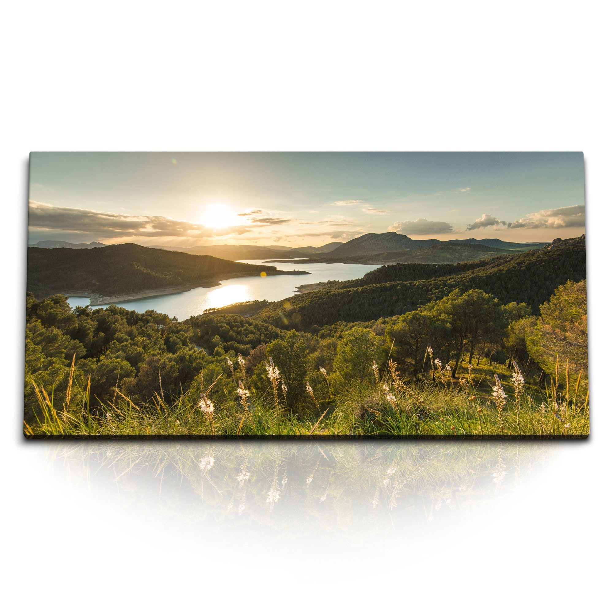 Leinwandbild Kunstdruck Bilder 120x60cm Sonnenuntergang Berge See Natur Landschaft