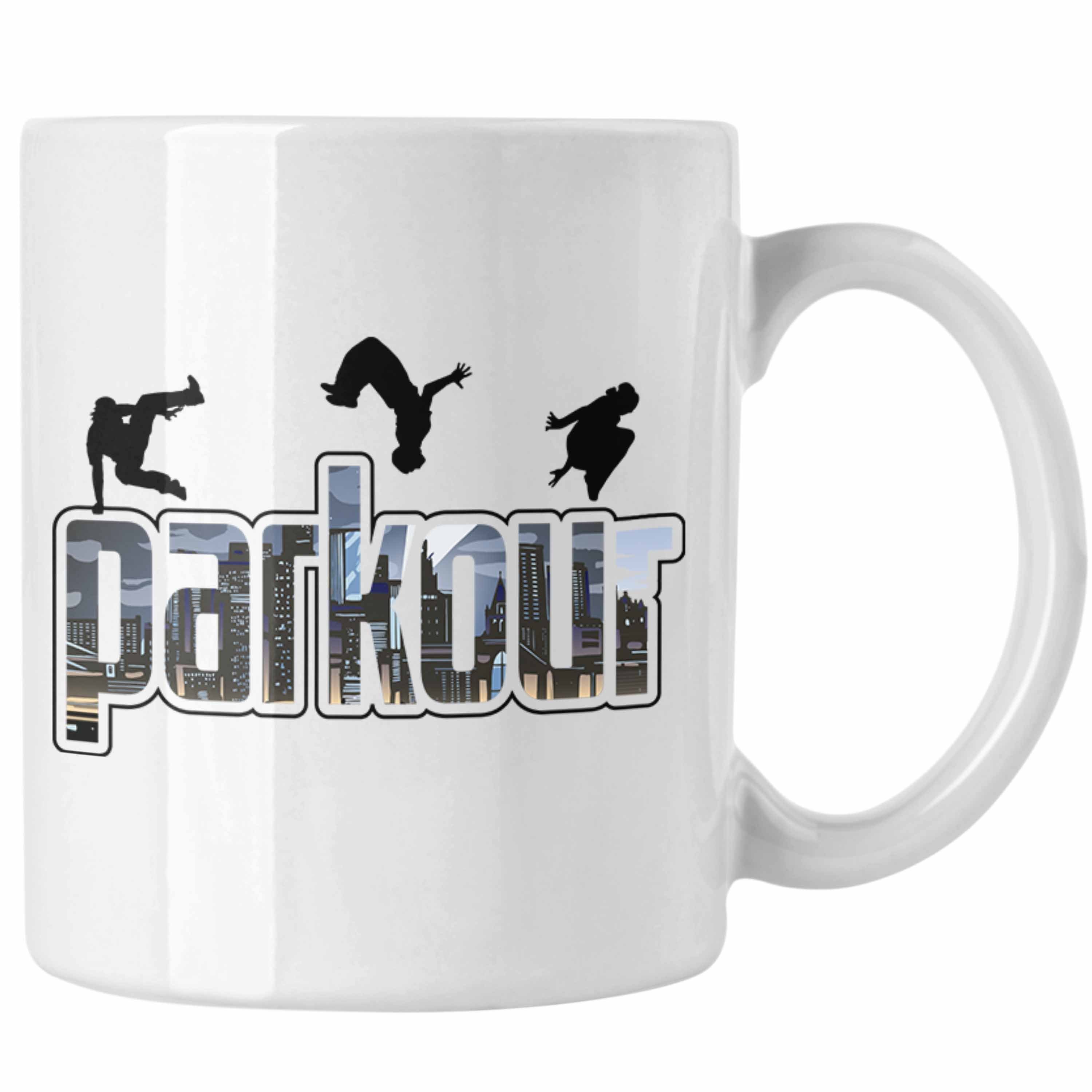 Trendation Tasse Tasse für Parkour Fans Geschenk für Urbanen Sports Sportler Freerunnin Weiss