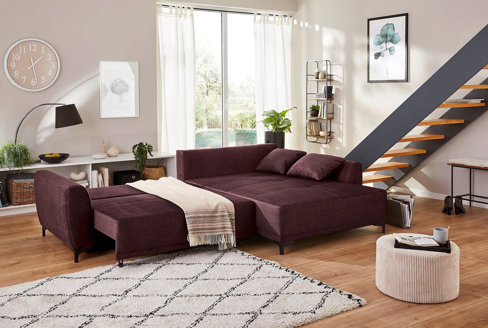 Ecksofa Aviano, Stauraum/Bettkasten, inkl. Jockenhöfer Gruppe Bettfunktion, | aubergine Wellenfederung aubergine praktischer