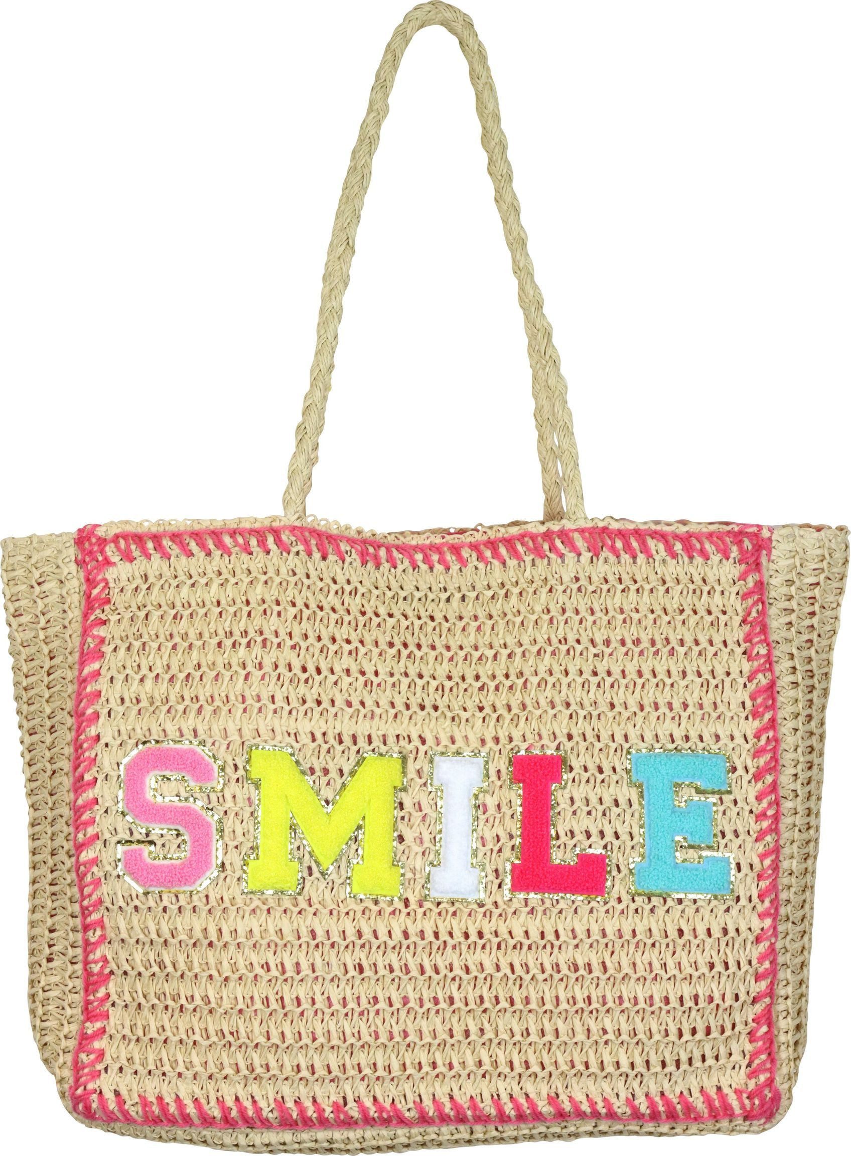 FURNARO Strandtasche, Korbtasche aus Raffia, Baumwolle, bunter Schriftzug Smile 39x34x11cm
