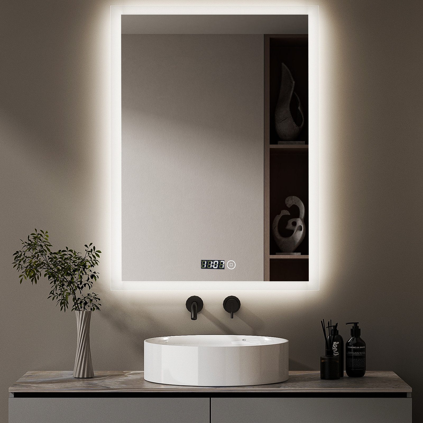 Wandspiegel Led Badspiegel 50x70 mit Uhr 3Lichtfarben Dimmbar Speicherfunktion