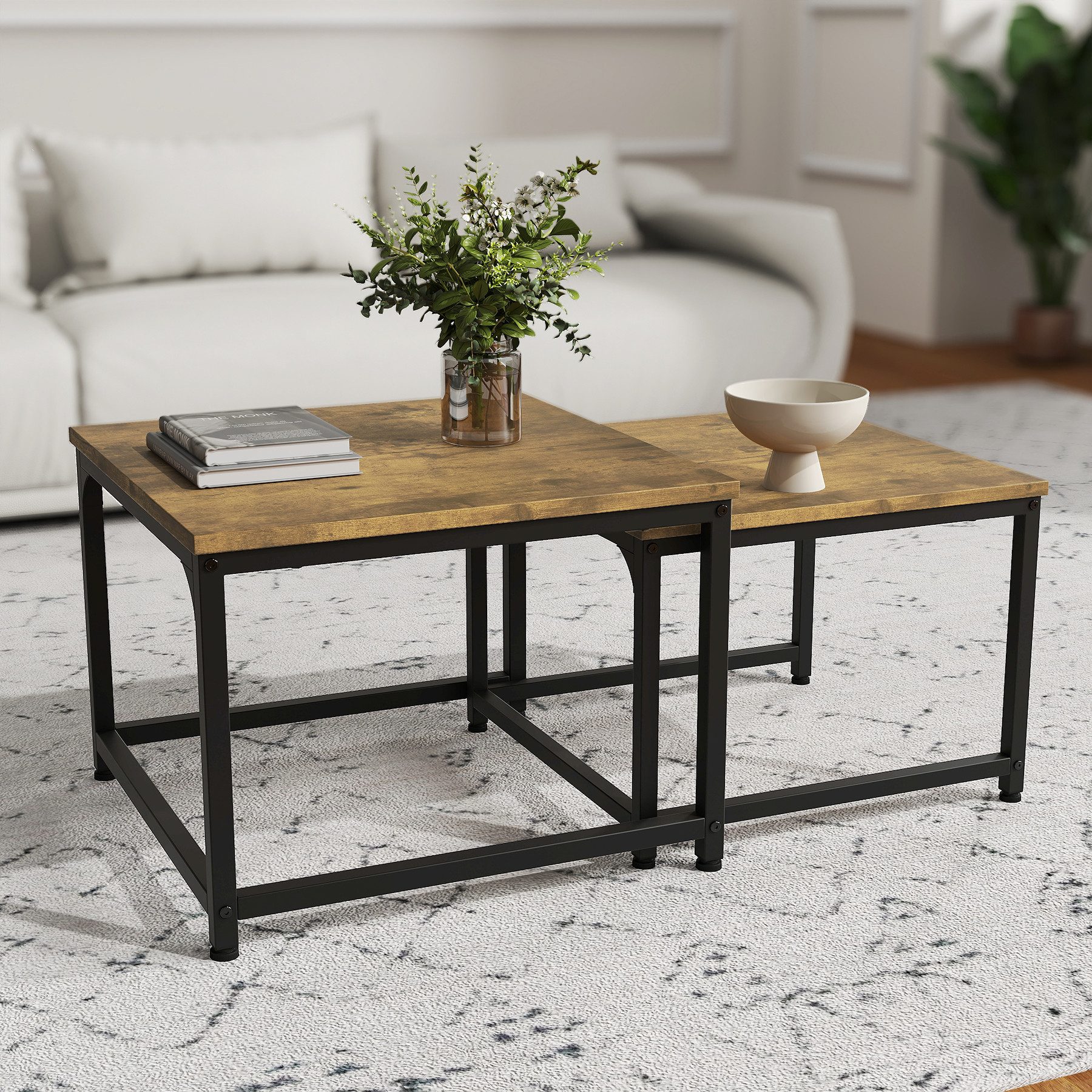HawthyHome Couchtisch 2er-Set quadratischer Wohnzimmertisch aus Holz mit Metallgestell (2-St), moderner Beistelltisch für Wohnzimmer und Schlafzimmer, platzsparend