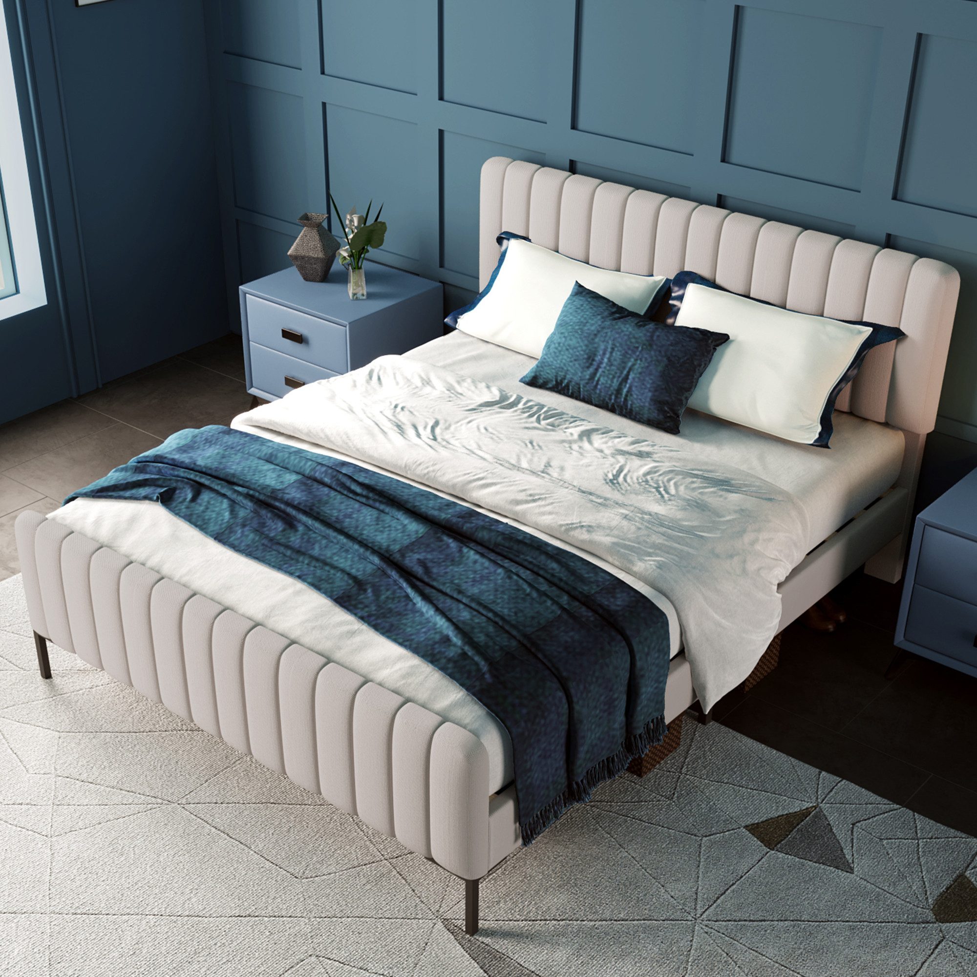 IDEASY Einzelbett Einzelbett, Doppelbett, 90/140/160/180 cm Breite optional, (ohne-Matratze), verstellbares Kopfteil, Massivholz + Leinen + Metall