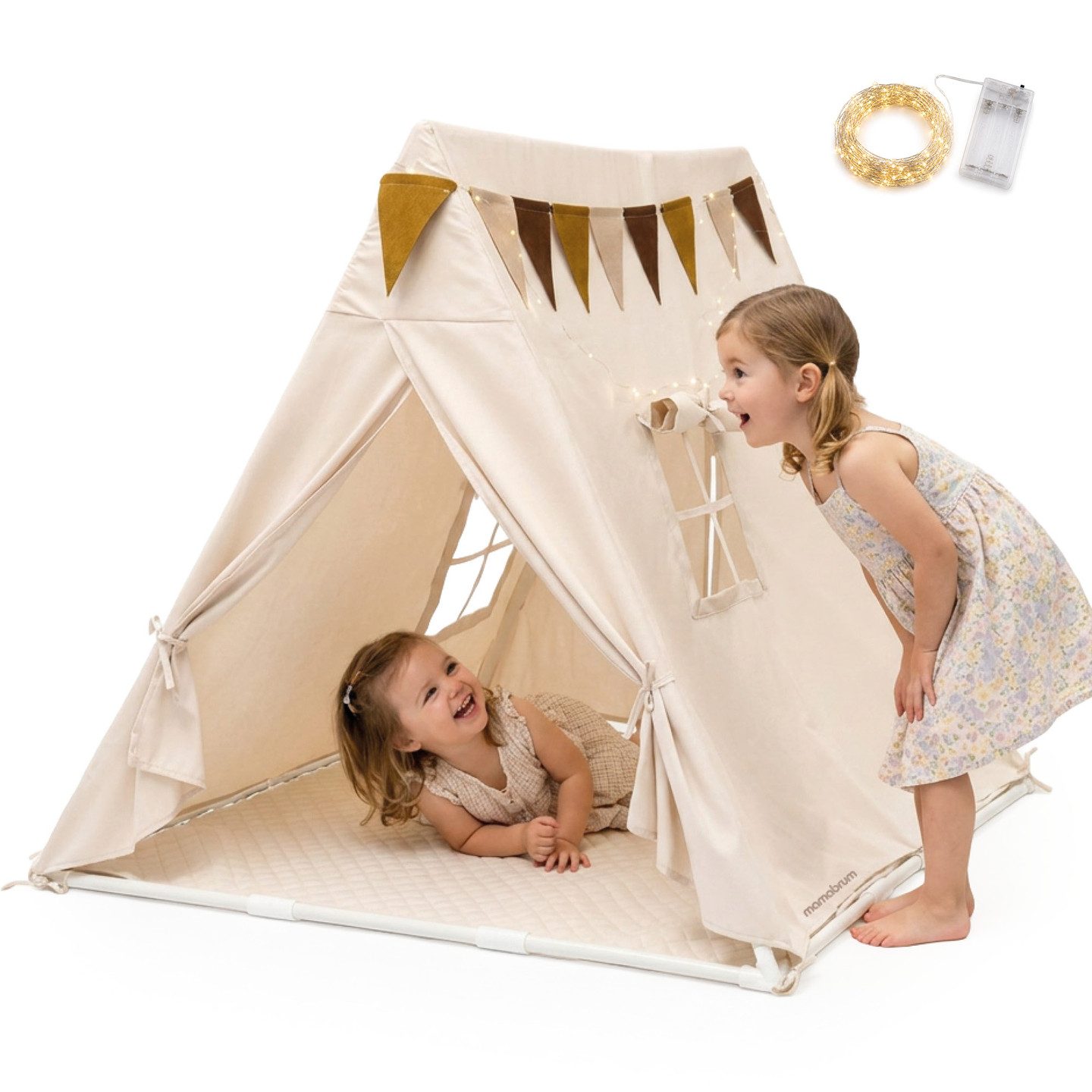 Mamabrum Spielzelt Mamabrum Tipi Zelt für Kinder mit Matte, LED-Lichterkette & Wimpel