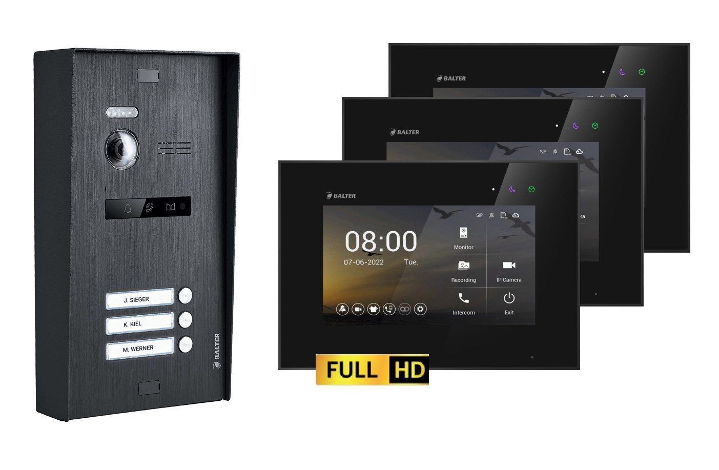 Balter Video-Türsprechanlage BALTER EVO-HD Aufputz Türsprechanlage 2-Draht 3-Familienhaus Schwarz (Set, 3-Familienhaus, Komplettset, Full HD 175° Kamera, Touchscreen-Monitor)