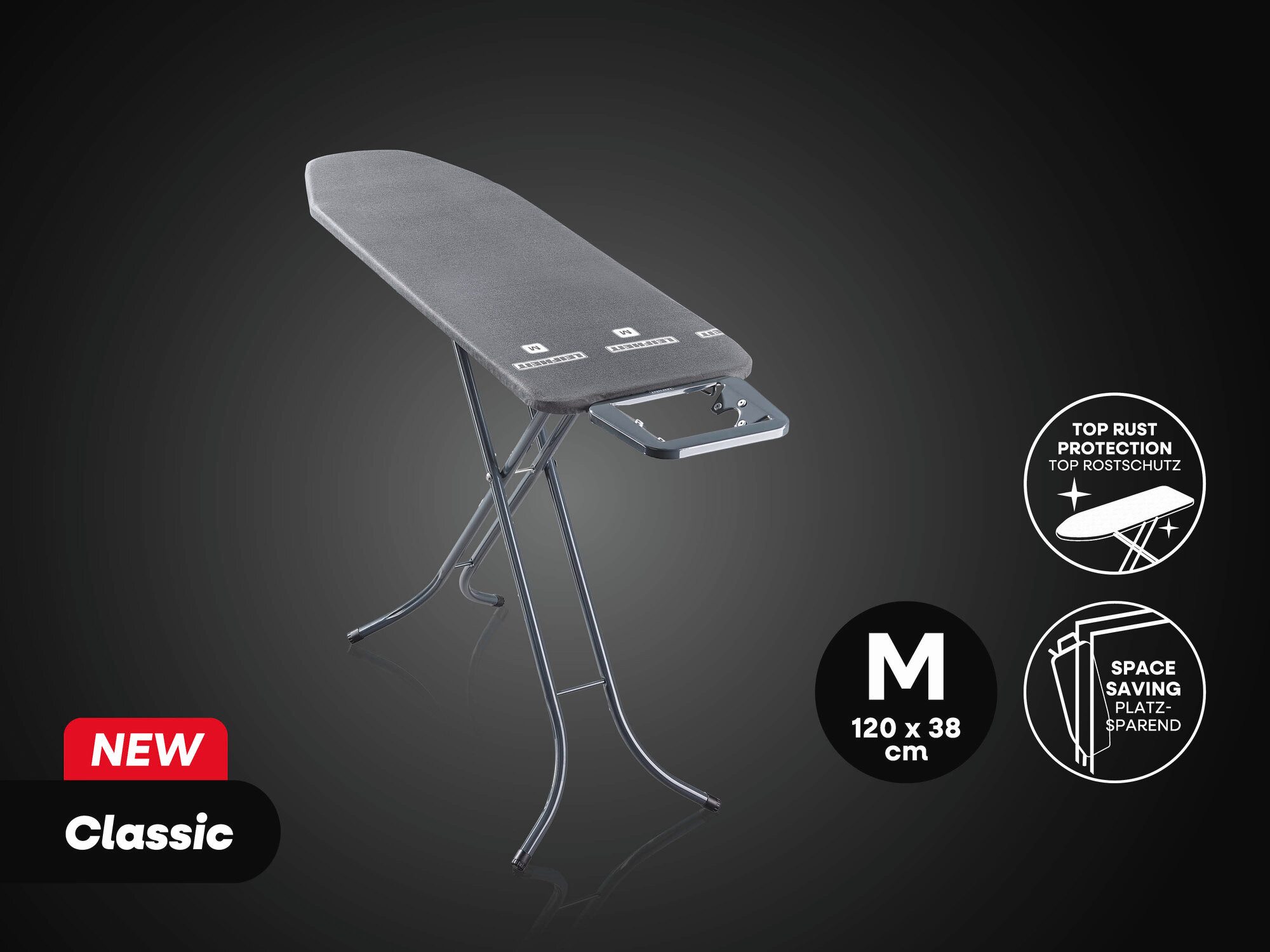 Leifheit Bügelbrett Bügeltisch Classic M Black, Bügelfläche 38.0x120.0 cm, Höhenverstellbar, Bügelfläche 120 x 38cm, feste Bügeleisenablage