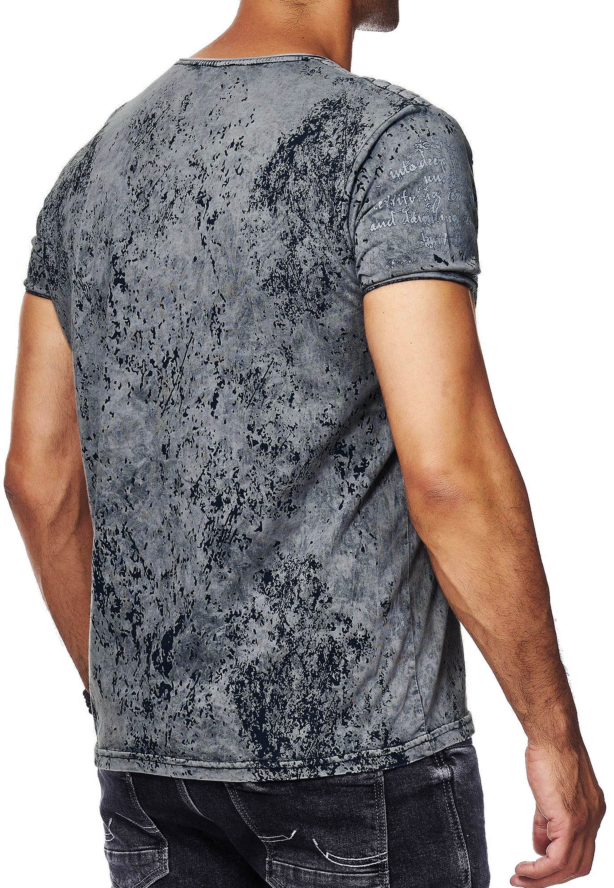 R-NEAL T-Shirt T-Shirt Rundhals mit Seitlicher Knopfleiste Verwaschen und Front Print