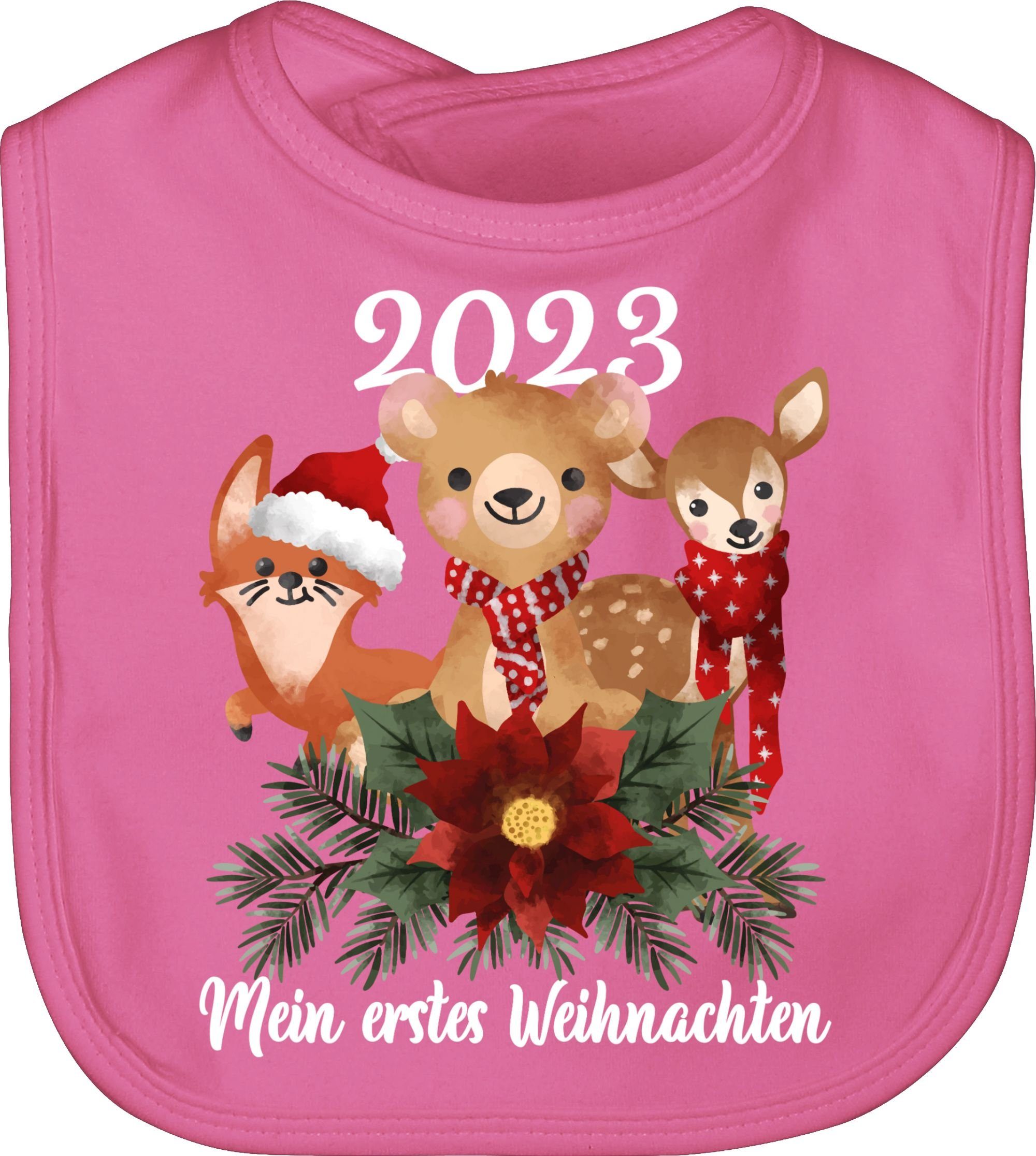 Shirtracer Lätzchen 2023 Mein erstes Weihnachten mit süßen Tieren - weiß, Weihnachten Kleidung Baby 2 Pink