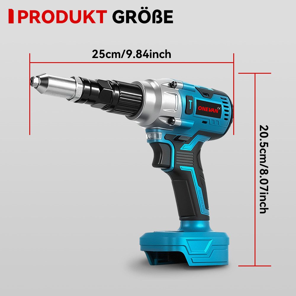 ONEVAN Blindnietzange Akku-Nietzange,Nietpistole Bürstenlose Automatischer Blindnietenzange, 20000N, mit 2x Akkus, für 2.4-5.0mm Blindnieten