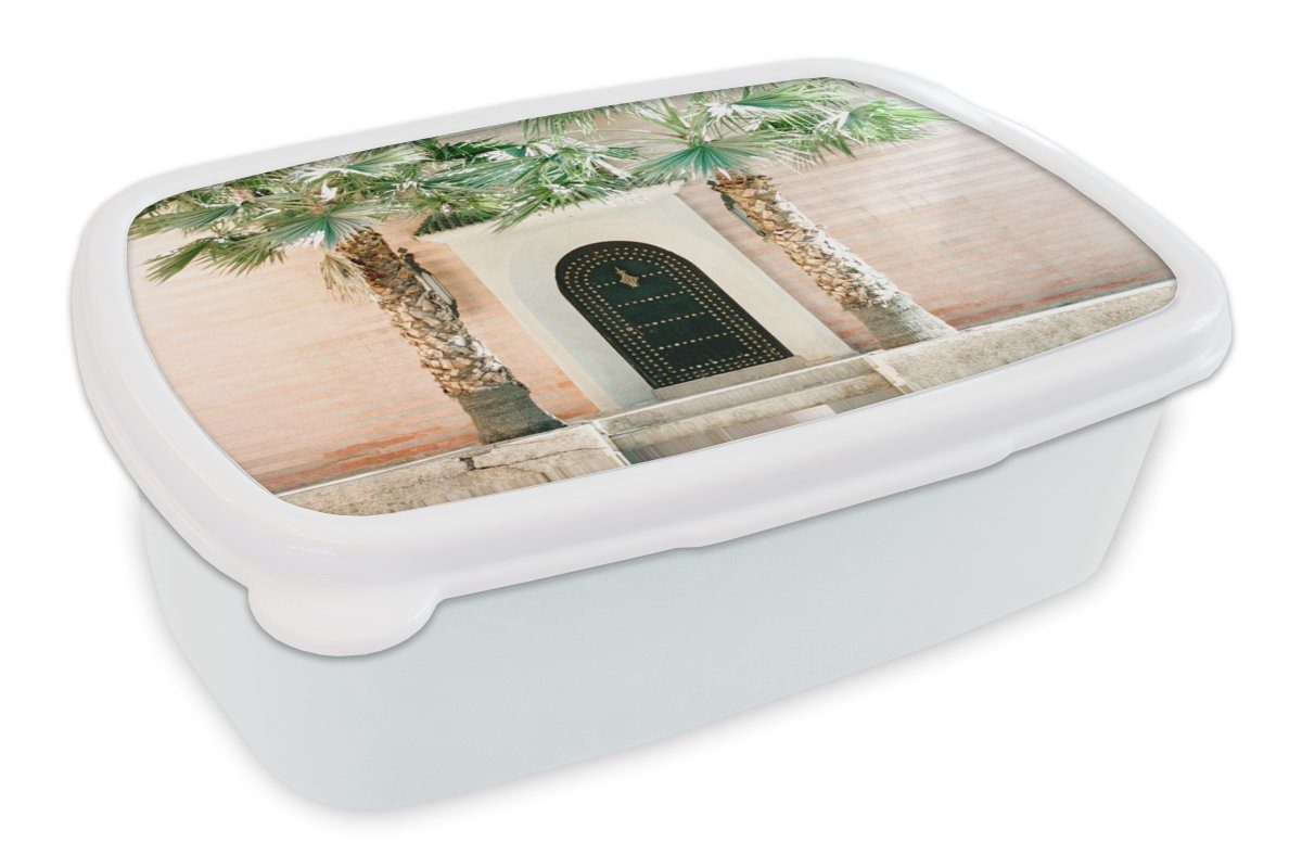 MuchoWow Lunchbox Tür - Marrakesch - Palme - Weiß - Tropisch, Kunststoff, (2-tlg), Brotbox für Kinder und Erwachsene, Brotdose, für Jungs und Mädchen